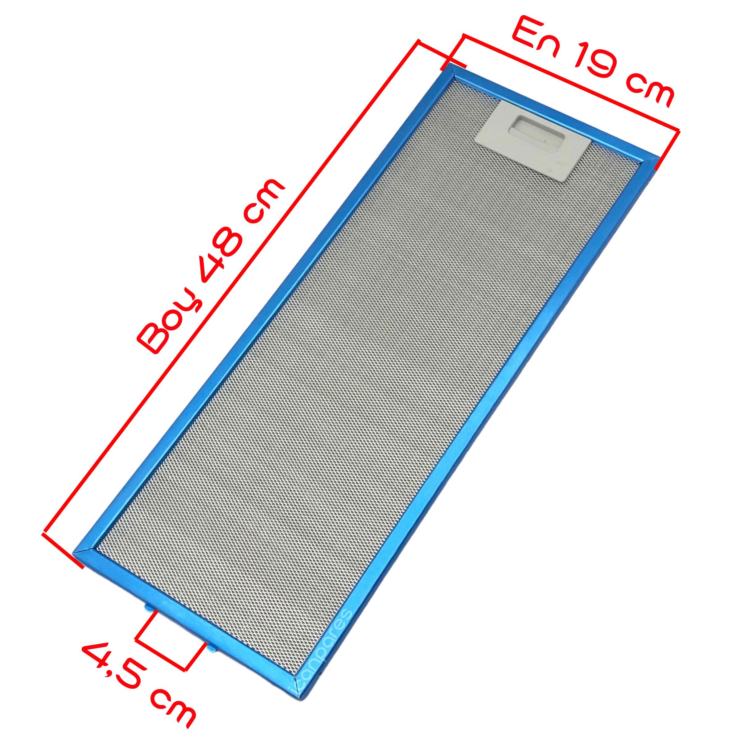 EN 19,0 cm BOY 48,0 cm - Arka Tırnak 4,5 cm Aspiratör Davlumbaz Metal Yağ Filtresi