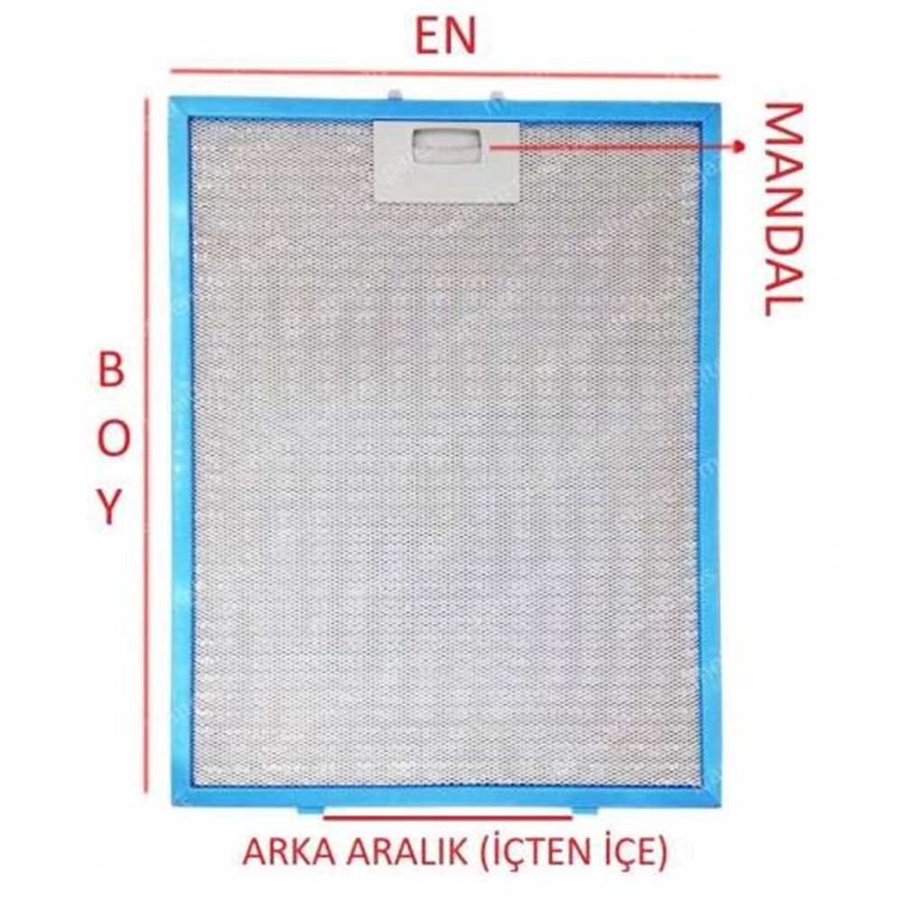EN 26,5 cm BOY 38,8 cm - Arka Tırnak 15,5 cm Aspiratör Davlumbaz Metal Yağ Filtresi