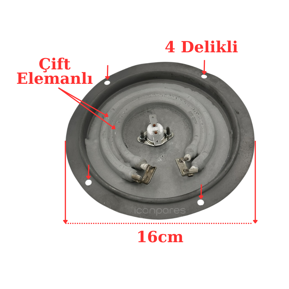 Gizli Çay Kazanı ve Semaver Rezistansı 230V 16 cm 4 Delikli Çift Elemanlı Remta Uyumlu Yedek Rezistans Gizli Çay Kazanı ve Semaver Rezistansı 230V 16