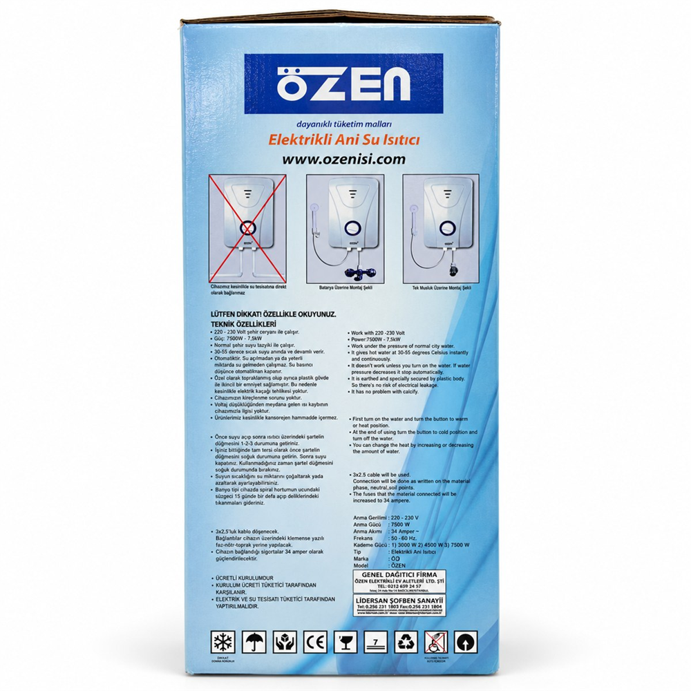Özen Elektrikli Ani Su Isıtıcı Şofben 7500 W - 3 Kademeli, 7 Emniyet Sistemli, Termostatlı