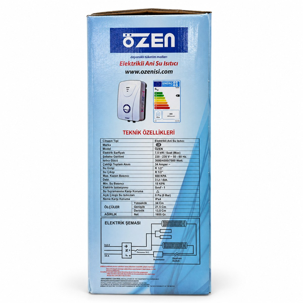 Özen Elektrikli Ani Su Isıtıcı Şofben 7500 W - 3 Kademeli, 7 Emniyet Sistemli, Termostatlı