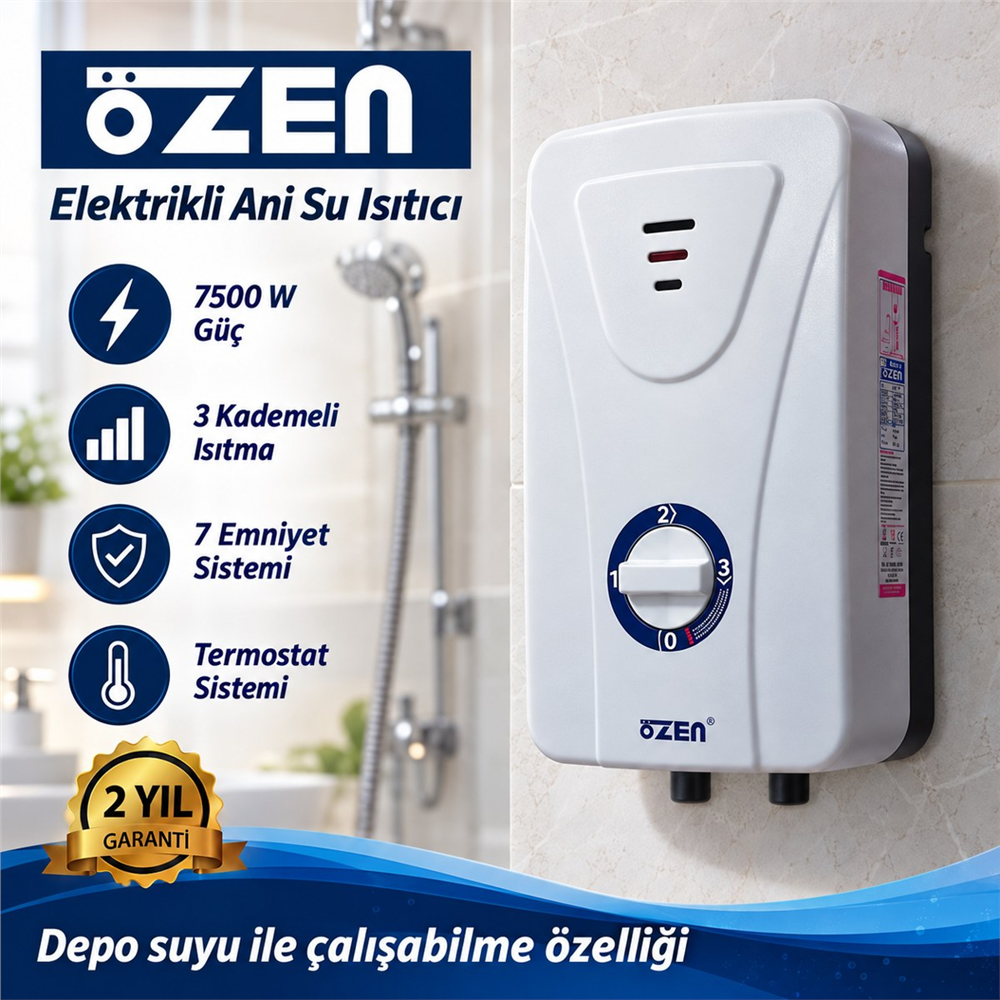 Özen Elektrikli Ani Su Isıtıcı Şofben 7500 W - 3 Kademeli, 7 Emniyet Sistemli, Termostatlı