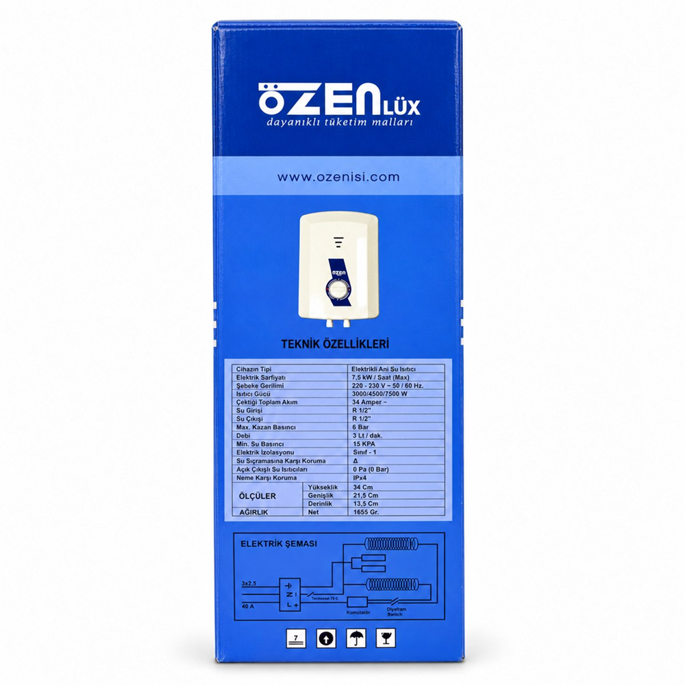 Özen Lüx Elektrikli Ani Su Isıtıcı Şofben 7500 W - 3 Kademeli, 7 Emniyet Sistemli, Termostatlı