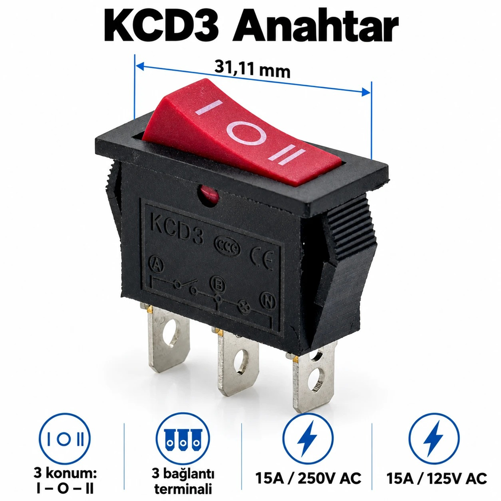 Universal KCD3 Üç Konumlu Açma Kapama Anahtarı ON-OFF-ON - 15A 250V - Kırmızı Butonlu