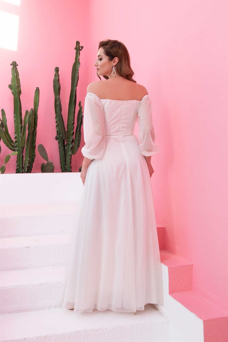 55671-6CARMENCarmen Ekru Simli Carmen Yaka Uzun Kollu Nikah Abiye Elbise