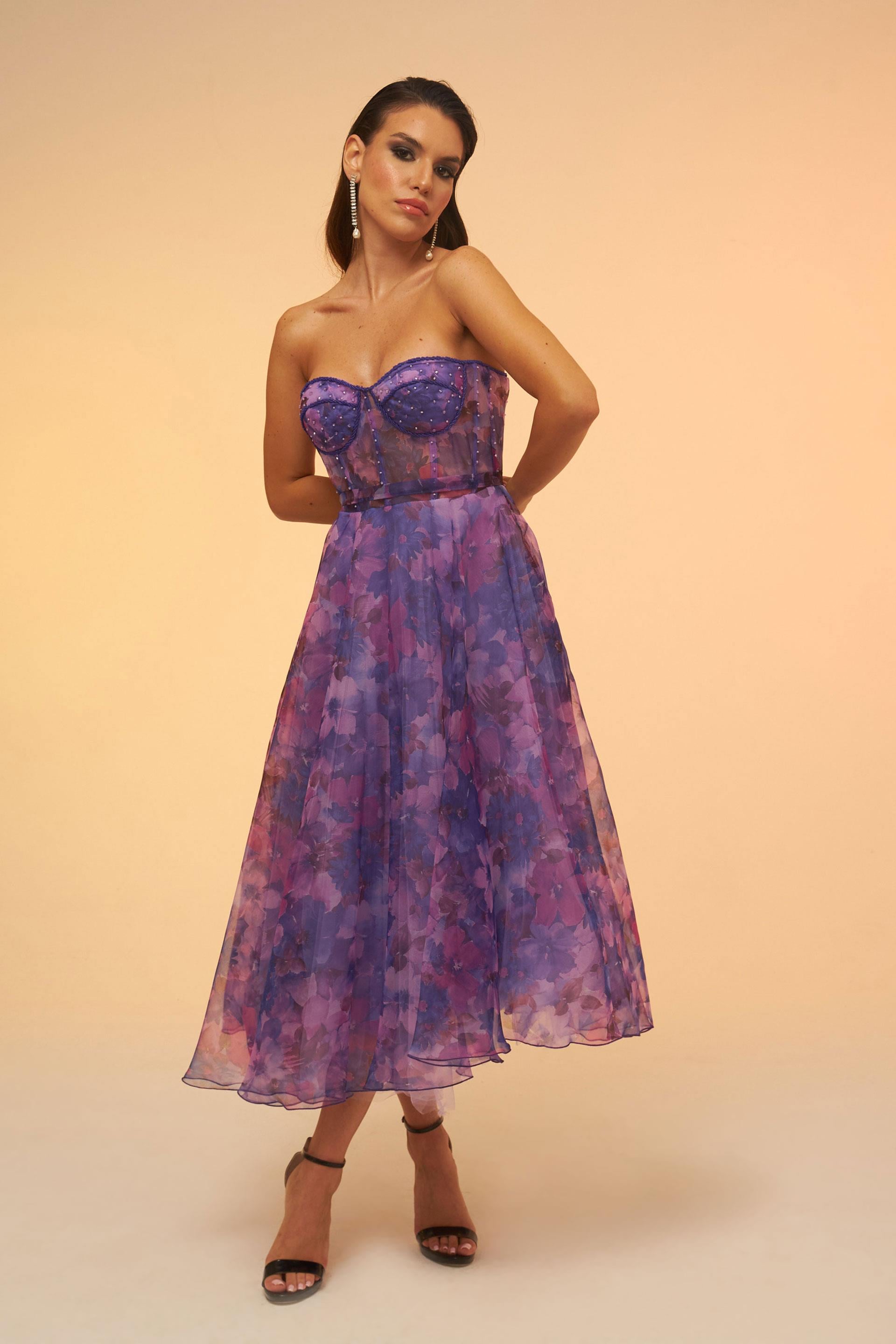 58036-19CARMENCarmen Mor Empirme Straplez Midi Abiye Elbise
