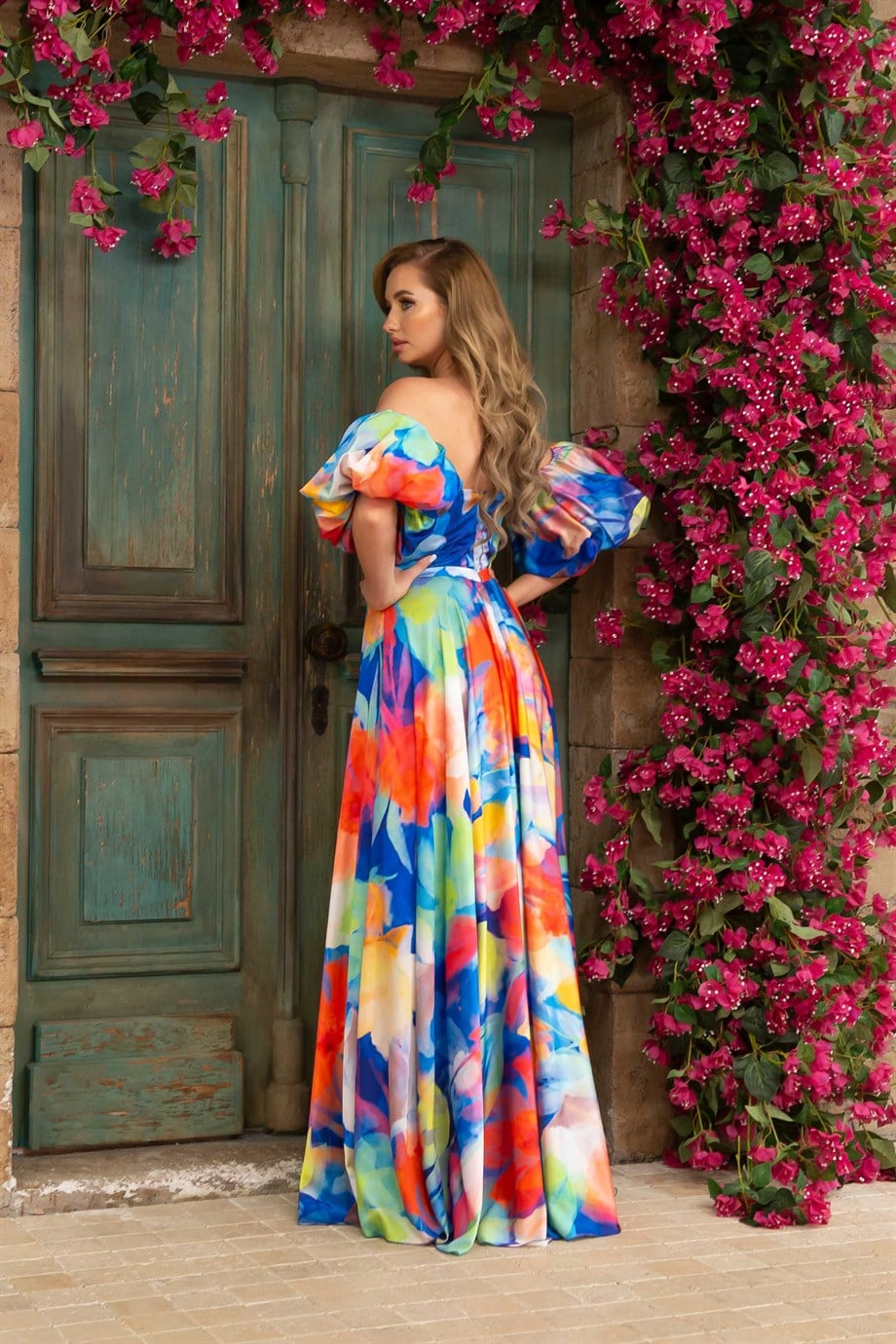 58049-25CARMENCarmen Saks Empirme Saten Balon Kollu Uzun Abiye Elbise