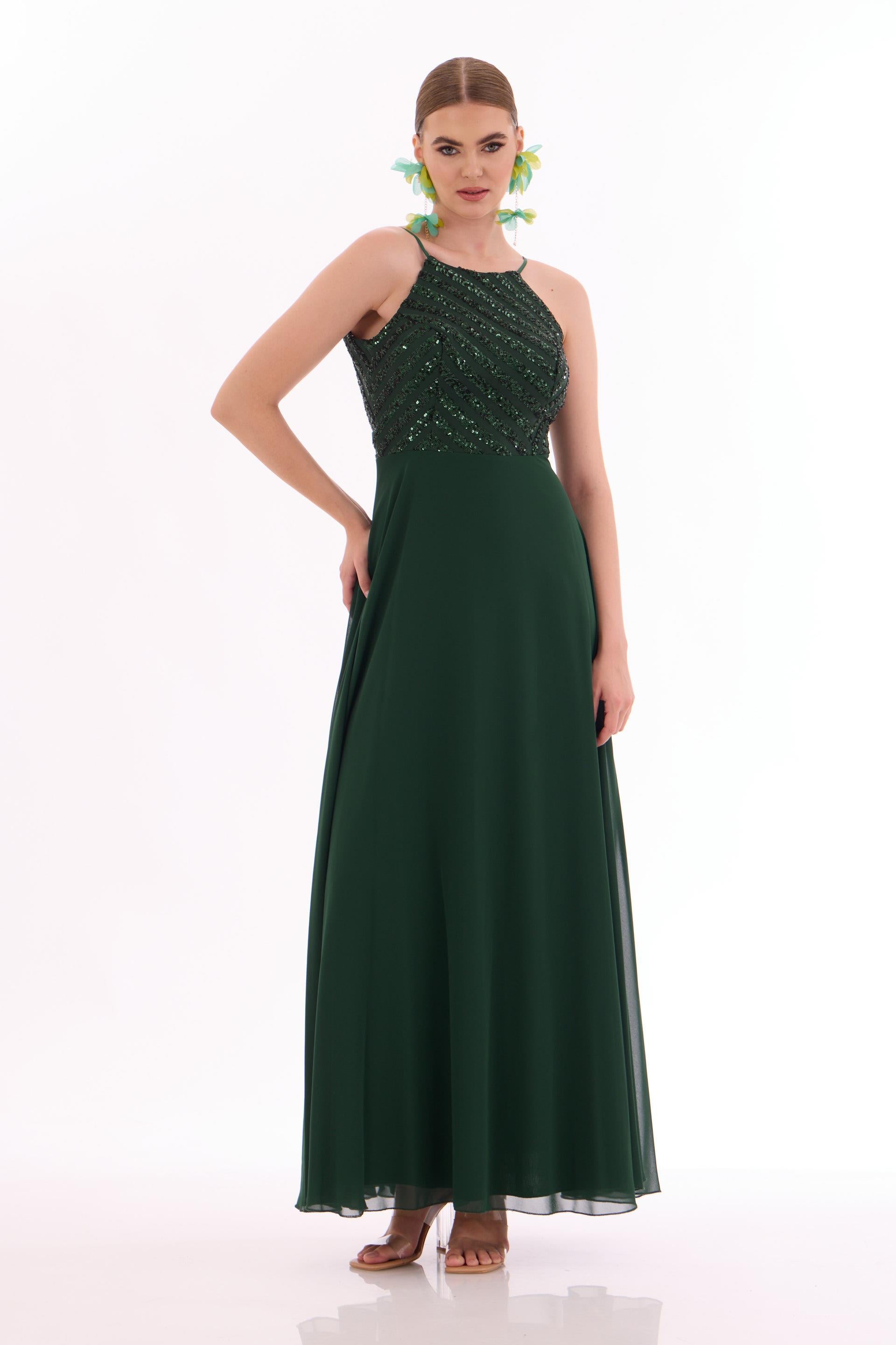 58110-34CARMENCarmen Zümrüt Pul Payetli Uzun Abiye Elbise