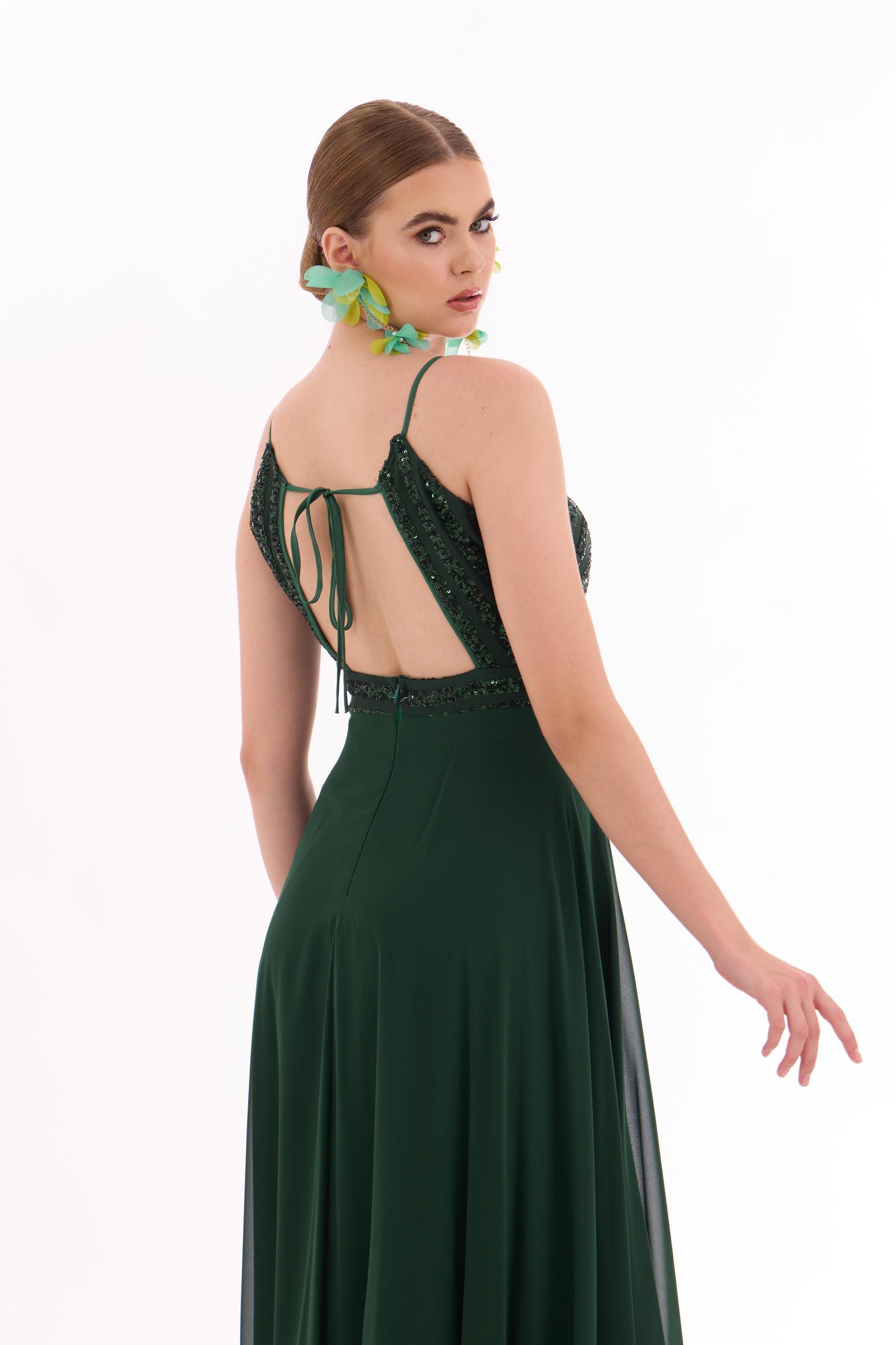 58110-34CARMENCarmen Zümrüt Pul Payetli Uzun Abiye Elbise