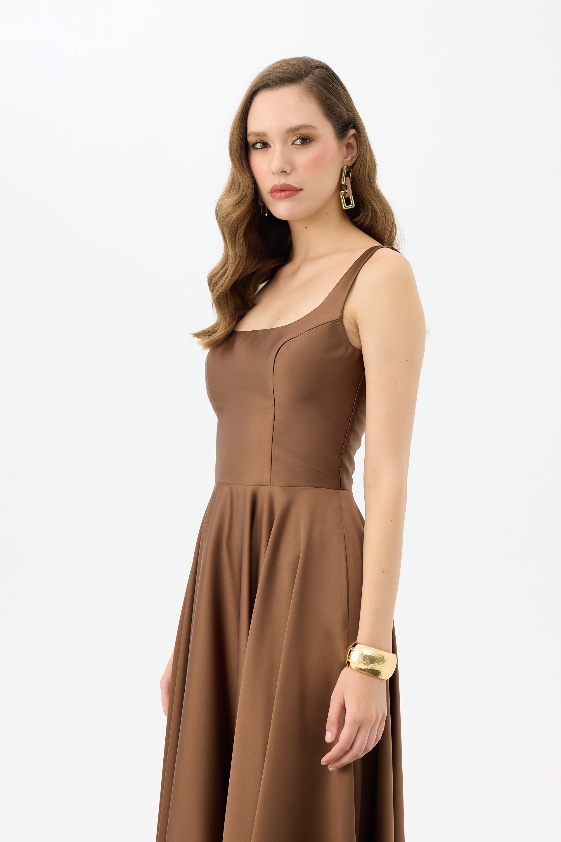 58131-52CARMENCarmen Bakır Sırt Dekolteli Midi Saten Abiye Elbise