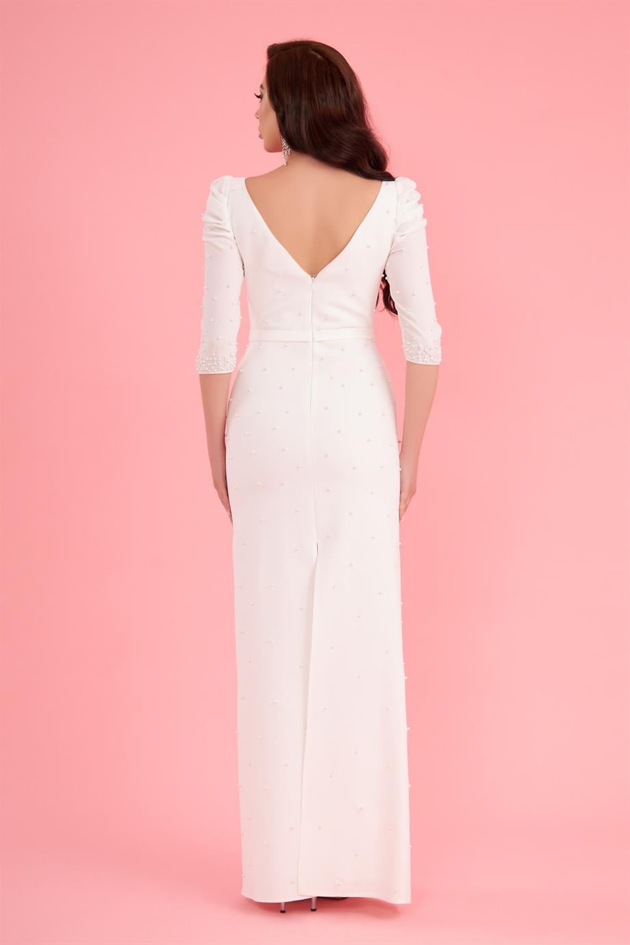 58202-6CARMENCarmen Ekru Krep İnci İşlemeli Uzun Söz ve Nikah Elbisesi
