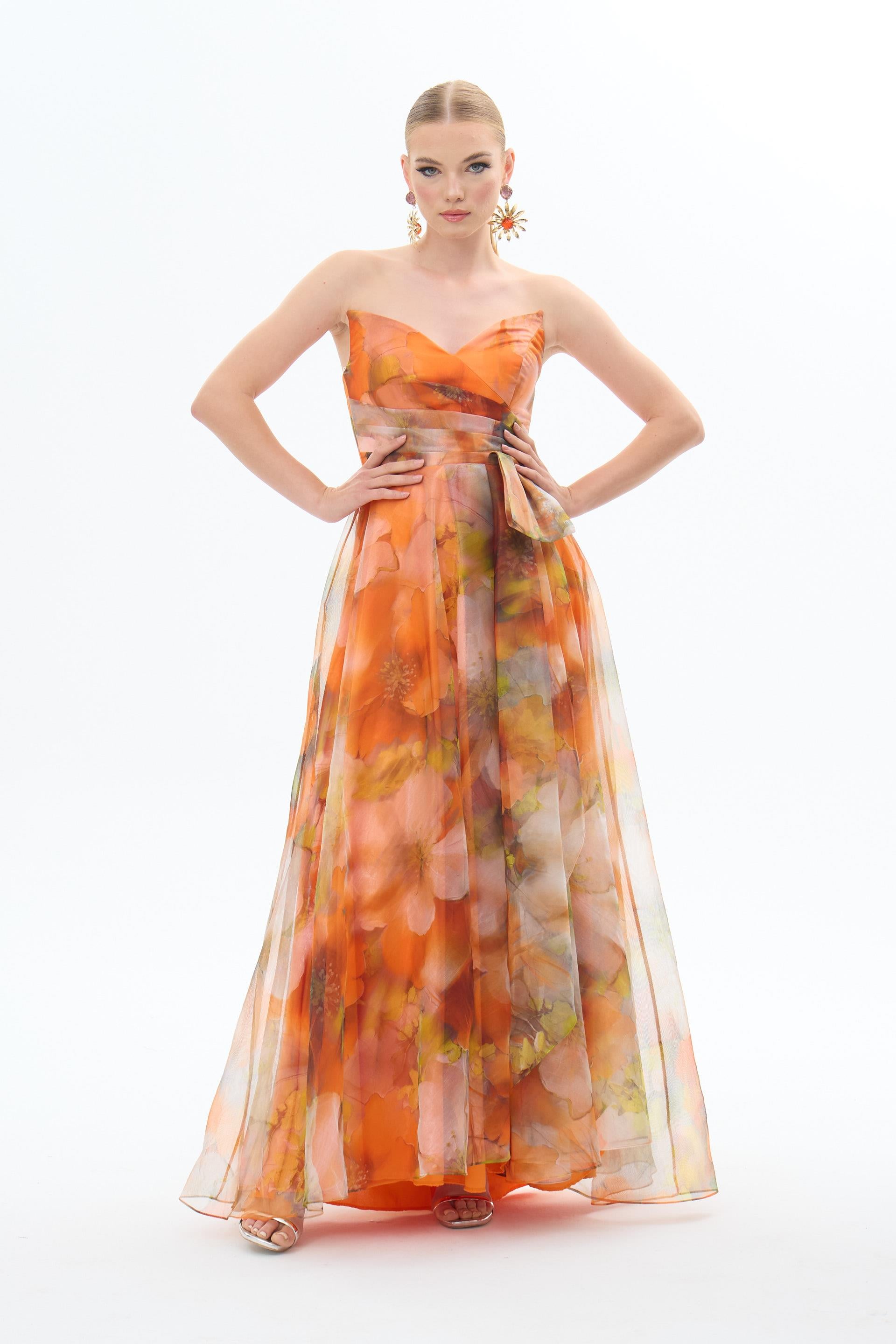 58421-106CARMENCarmen Orange Straplez Empirme Şifon Abiye Elbise