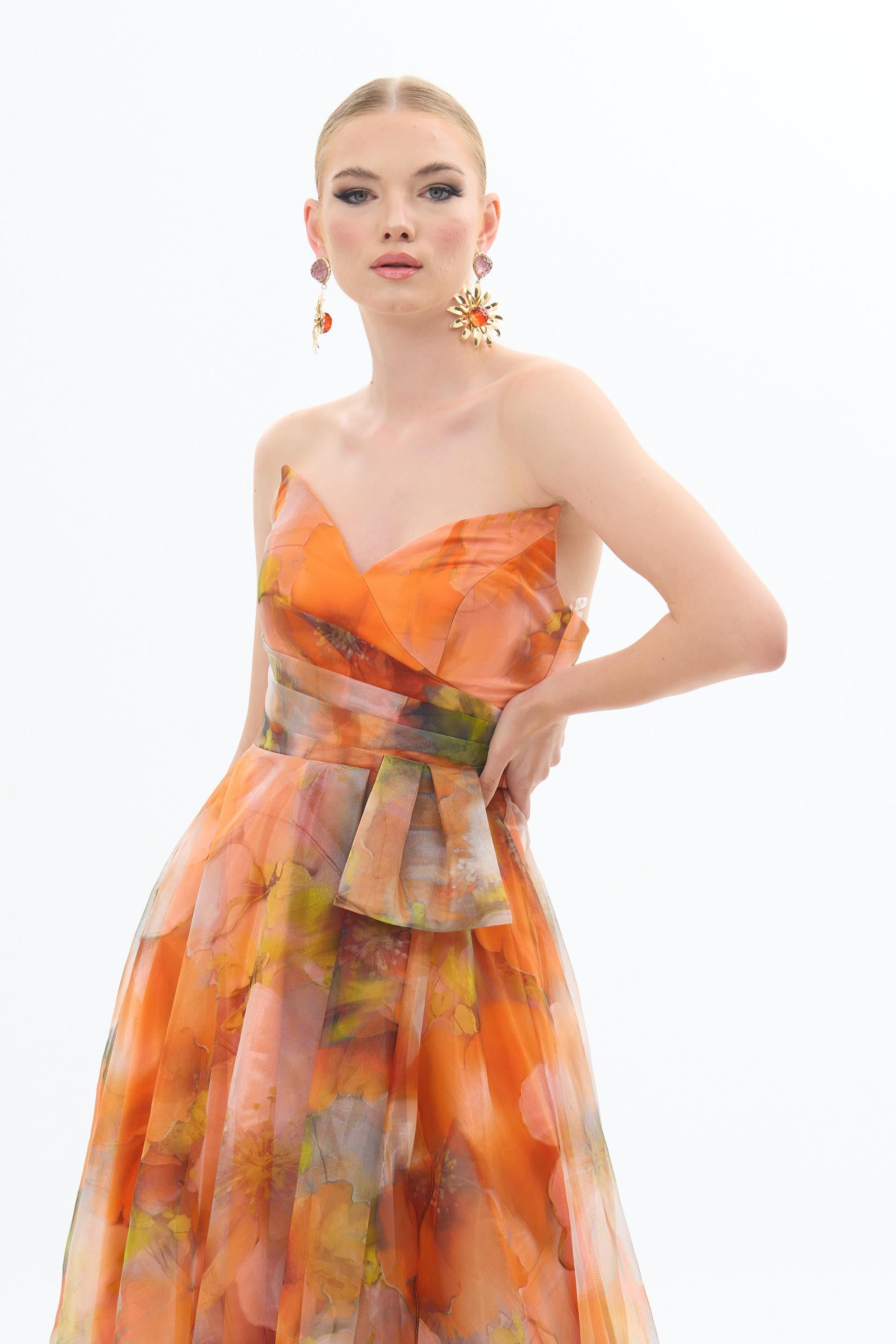 58421-106CARMENCarmen Orange Straplez Empirme Şifon Abiye Elbise