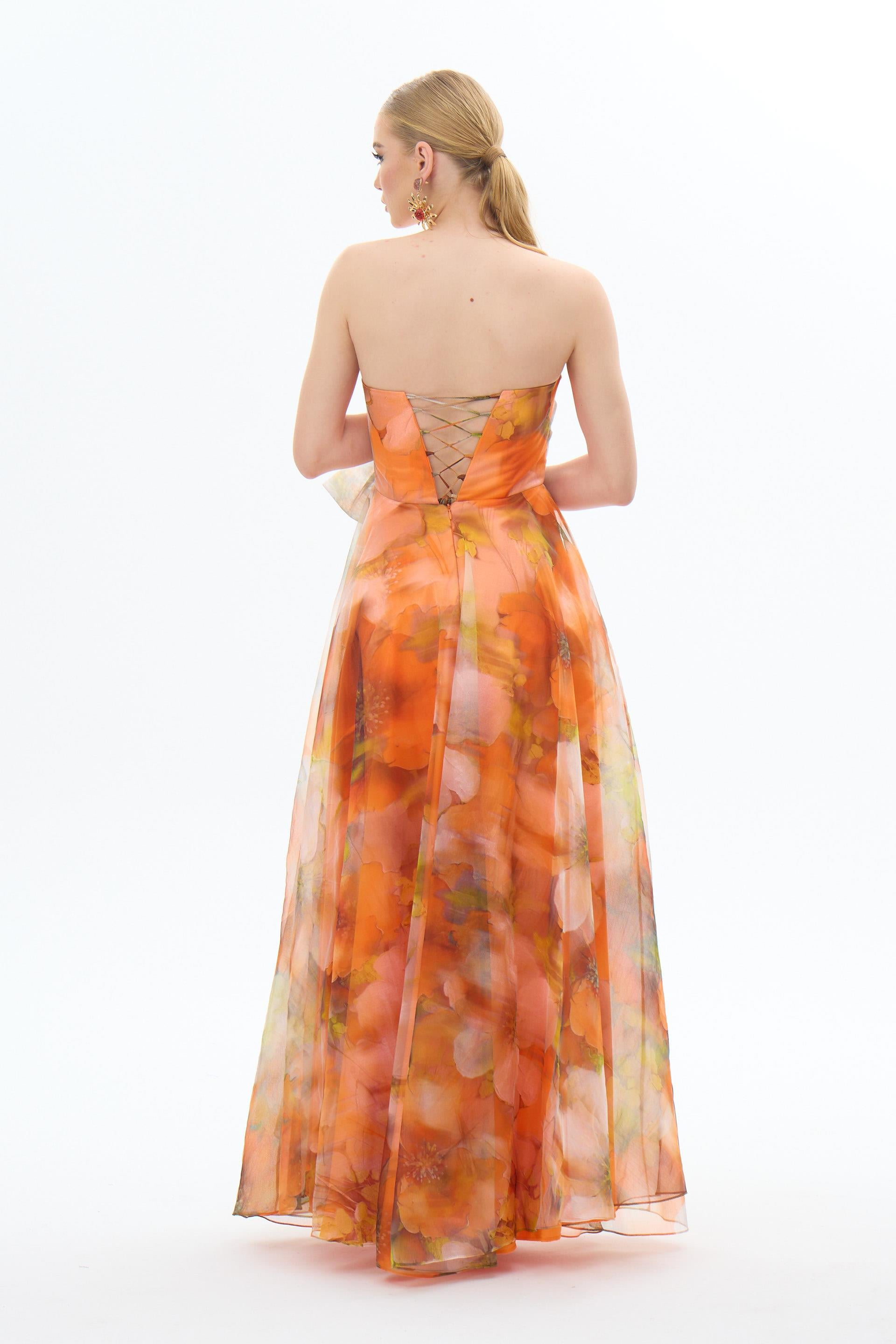 58421-106CARMENCarmen Orange Straplez Empirme Şifon Abiye Elbise