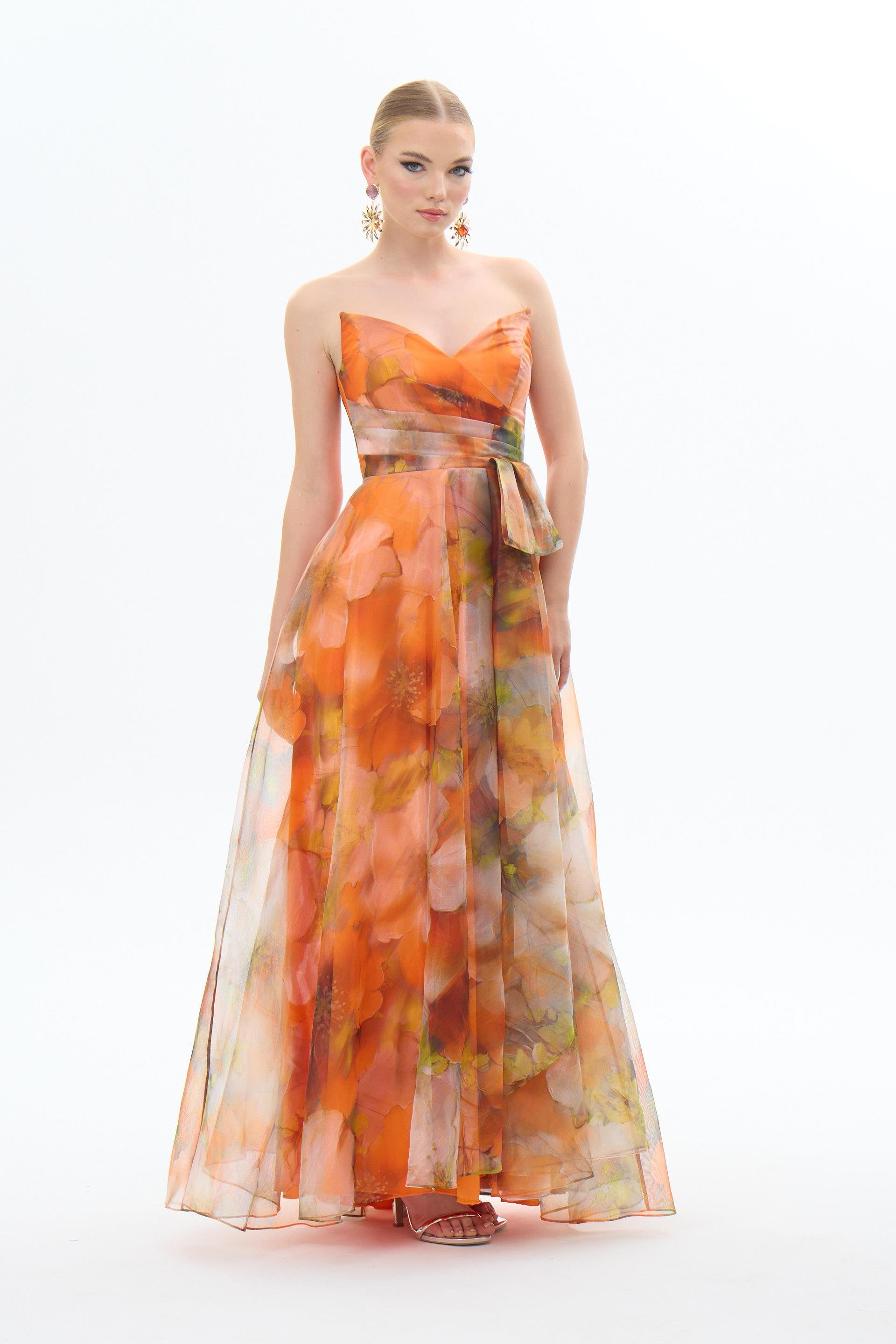 58421-106CARMENCarmen Orange Straplez Empirme Şifon Abiye Elbise