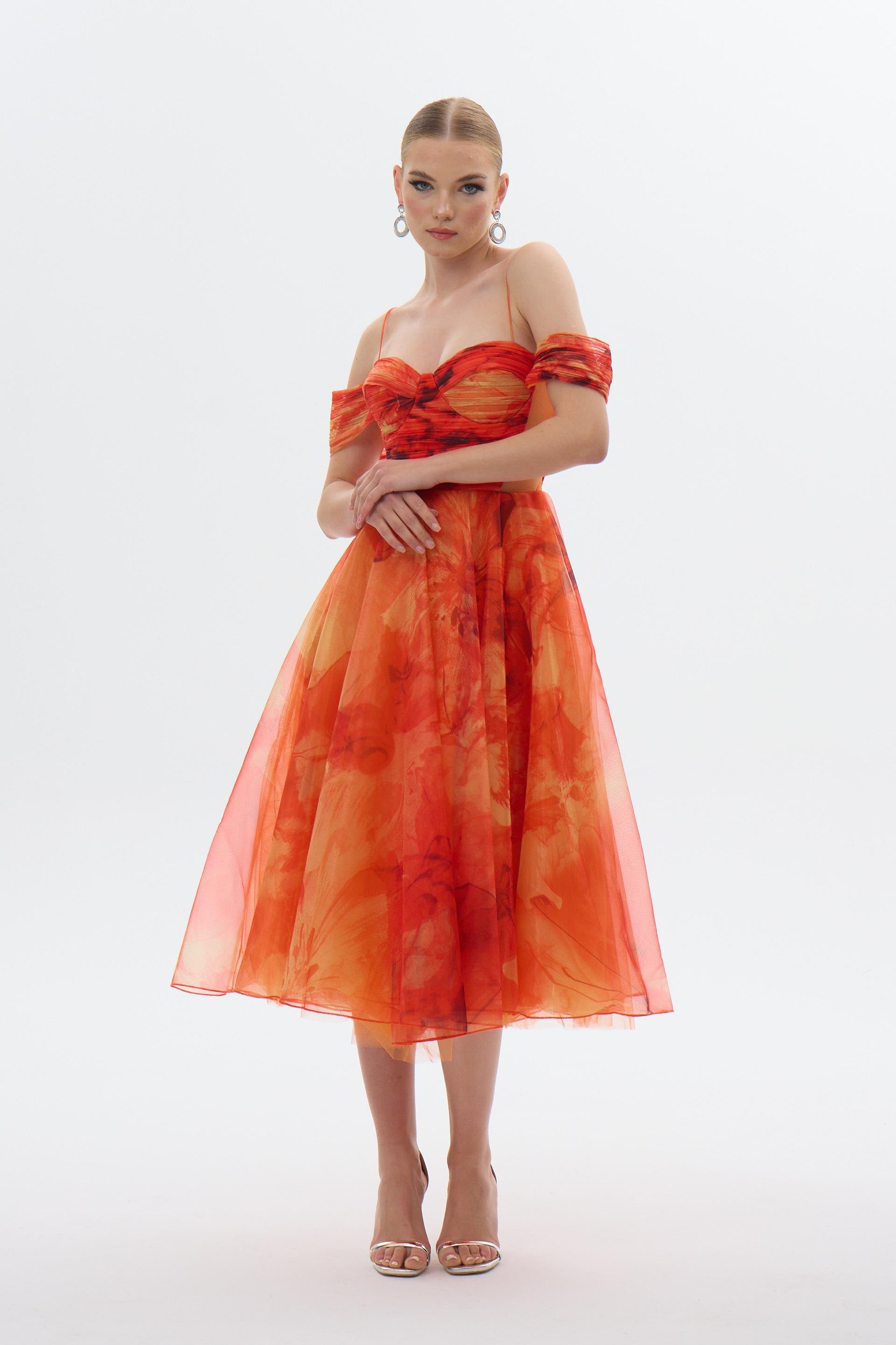 58427-106CARMENCarmen Orange Askılı Empirme Organze Abiye Elbise