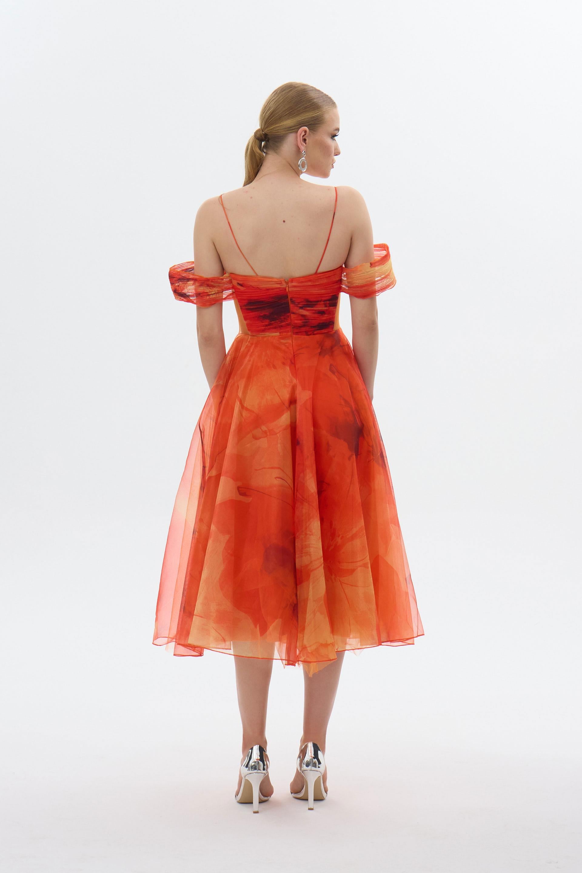 58427-106CARMENCarmen Orange Askılı Empirme Organze Abiye Elbise