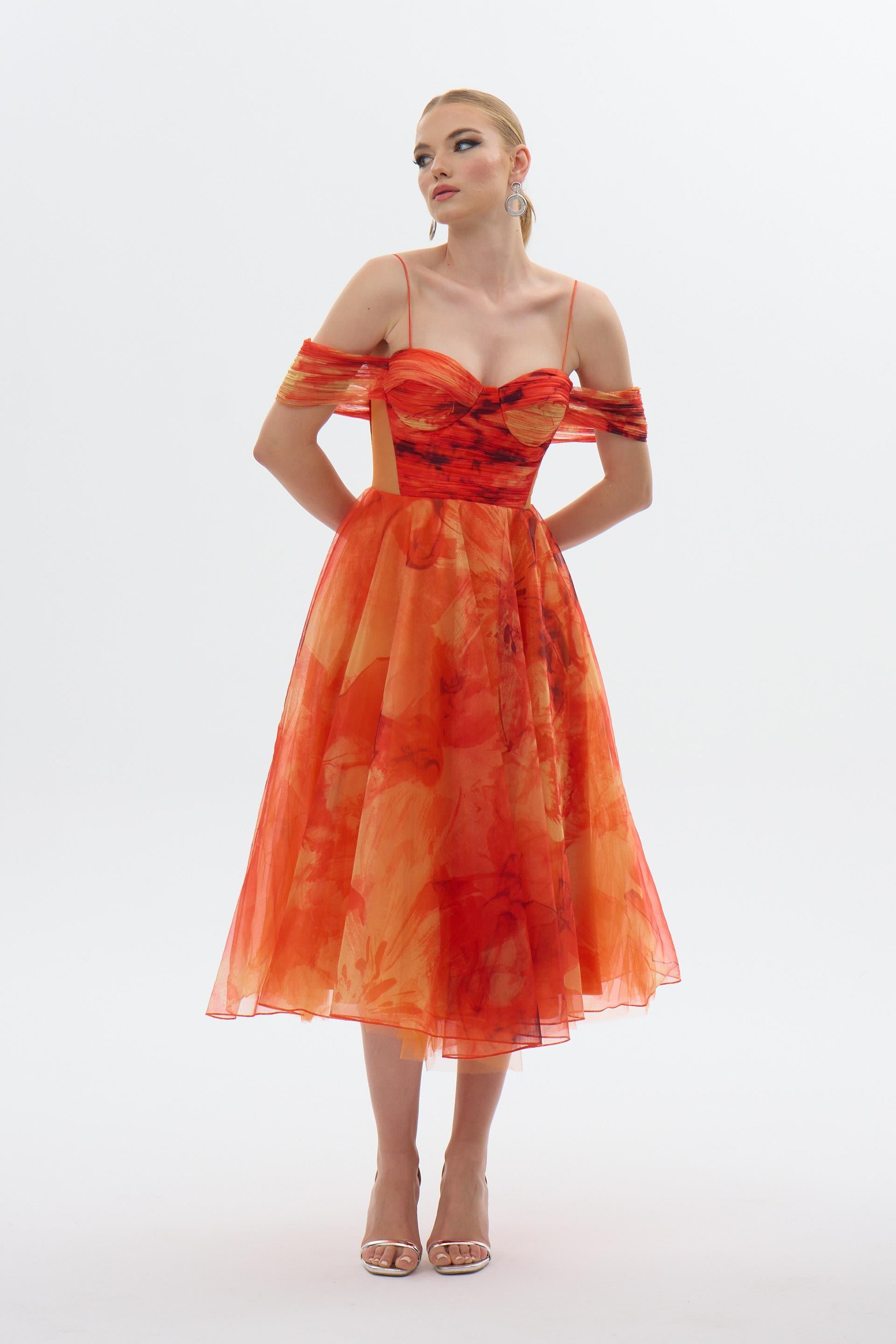58427-106CARMENCarmen Orange Askılı Empirme Organze Abiye Elbise