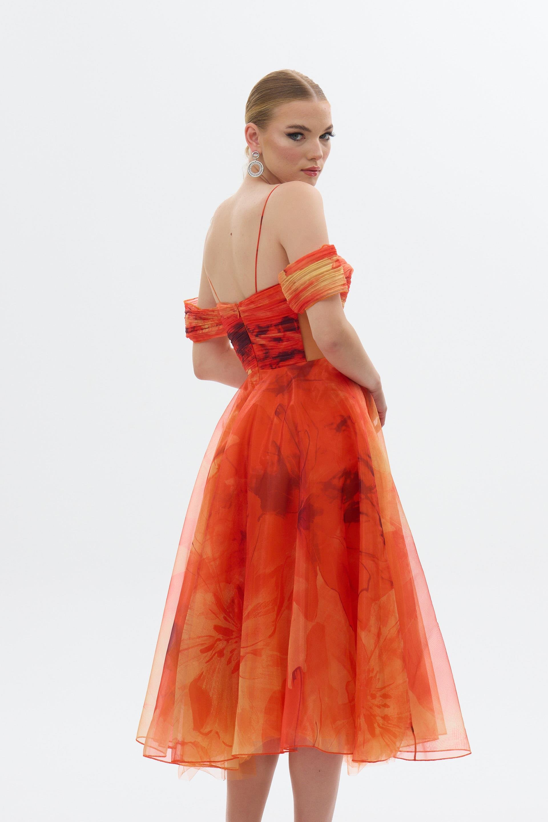 58427-106CARMENCarmen Orange Askılı Empirme Organze Abiye Elbise