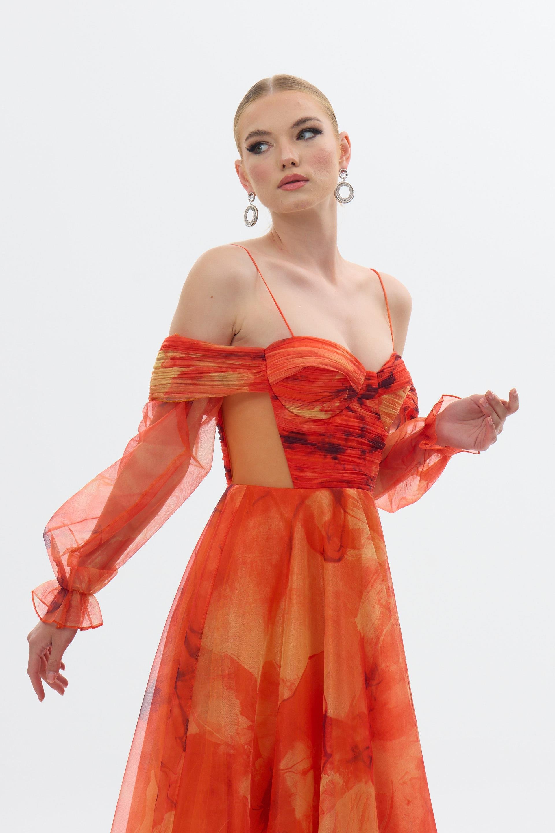 58427-106CARMENCarmen Orange Askılı Empirme Organze Abiye Elbise