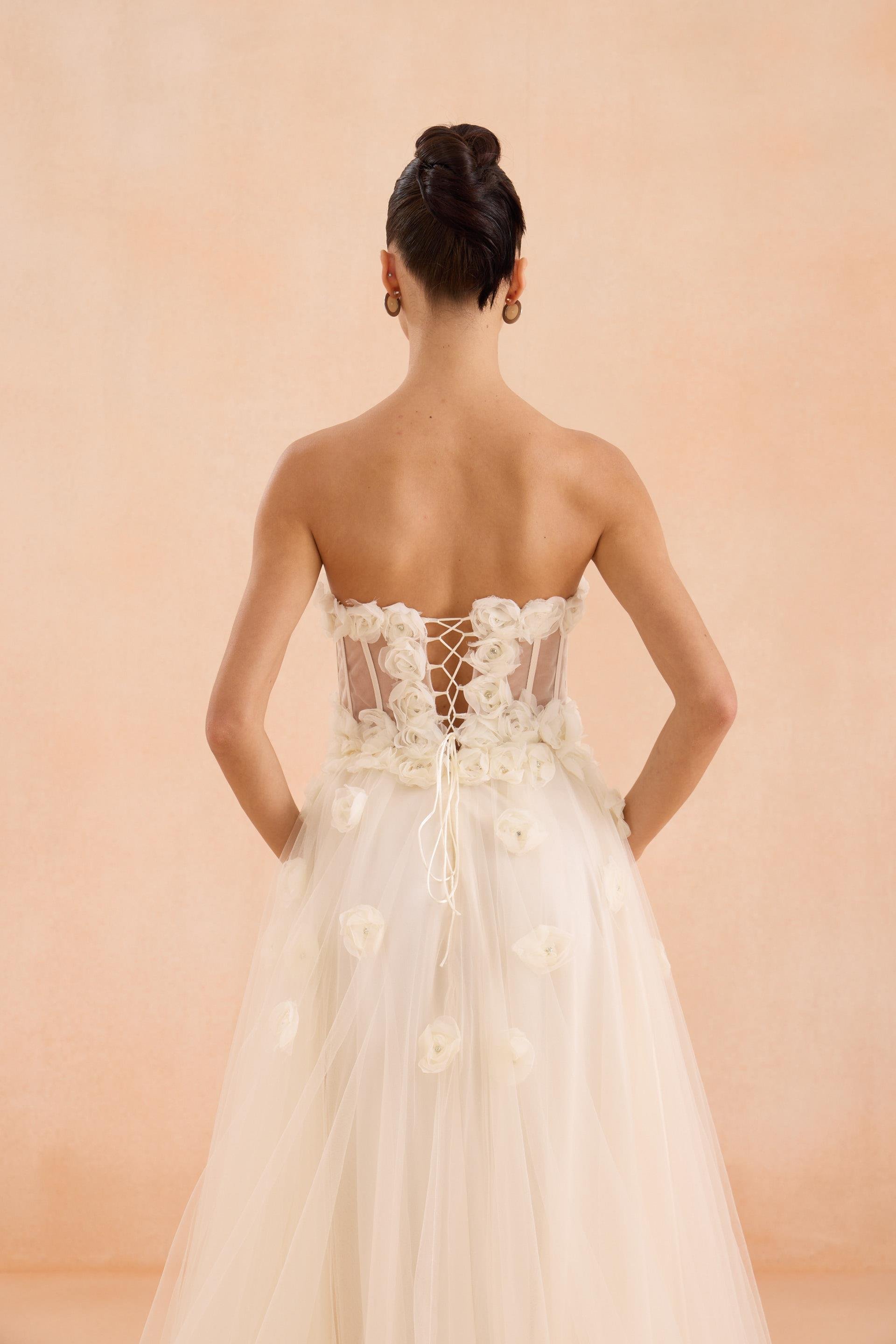 58451-9CARMENCarmen Gold Straplez Çiçekli Nişanlık