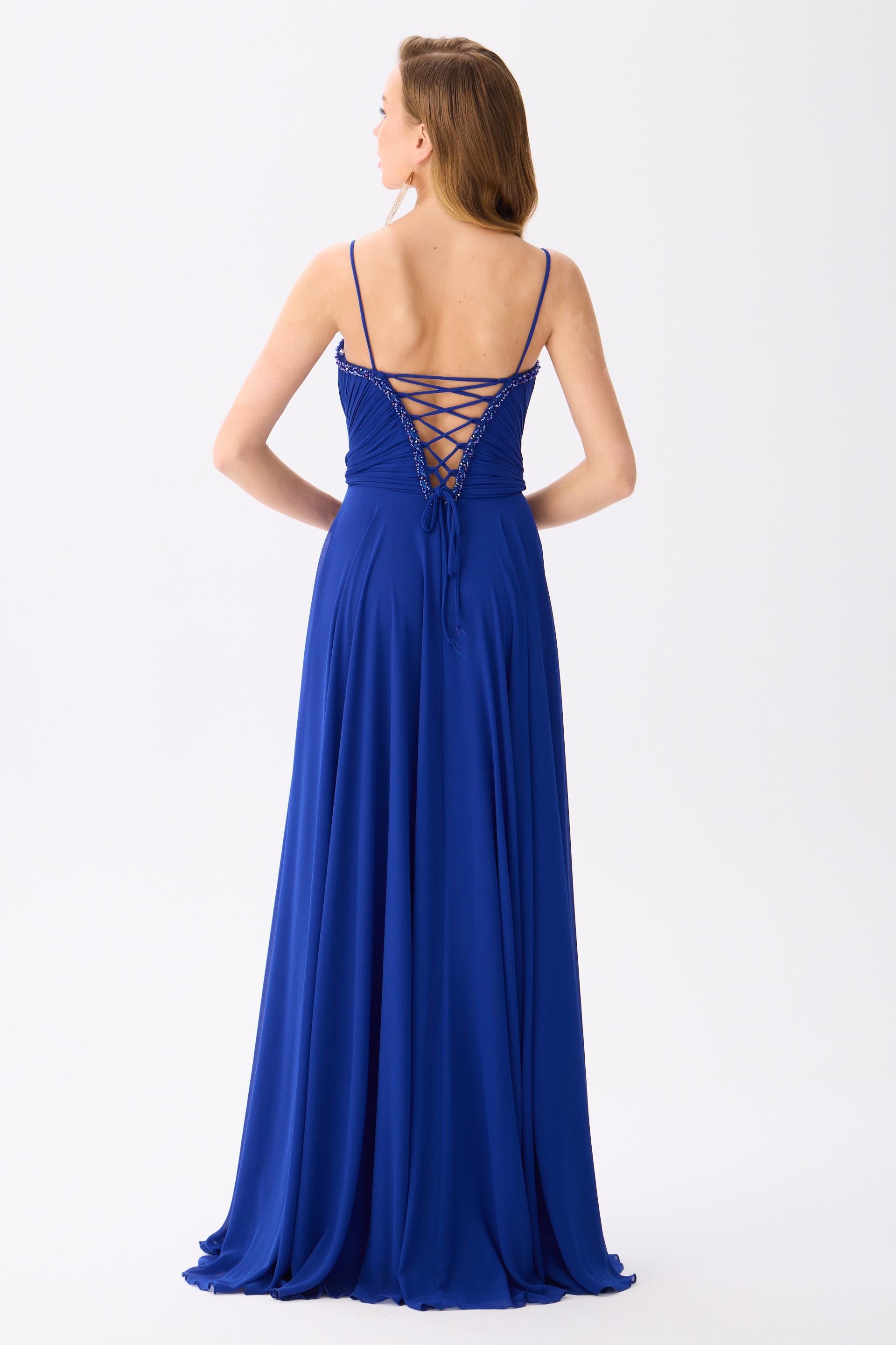 58459-25CARMENCarmen Saks Askılı İşlemeli Şifon Abiye Elbise