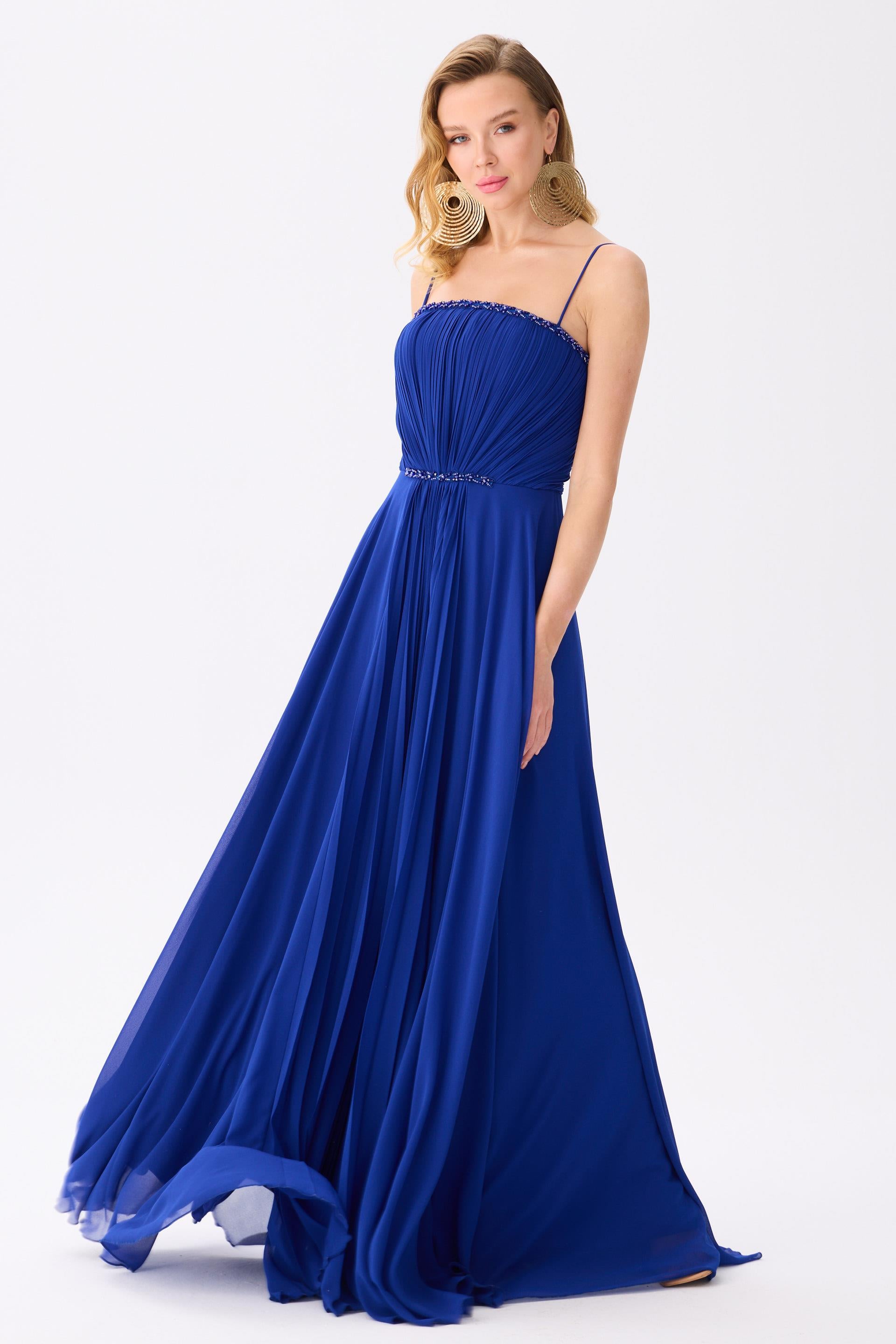 58459-25CARMENCarmen Saks Askılı İşlemeli Şifon Abiye Elbise