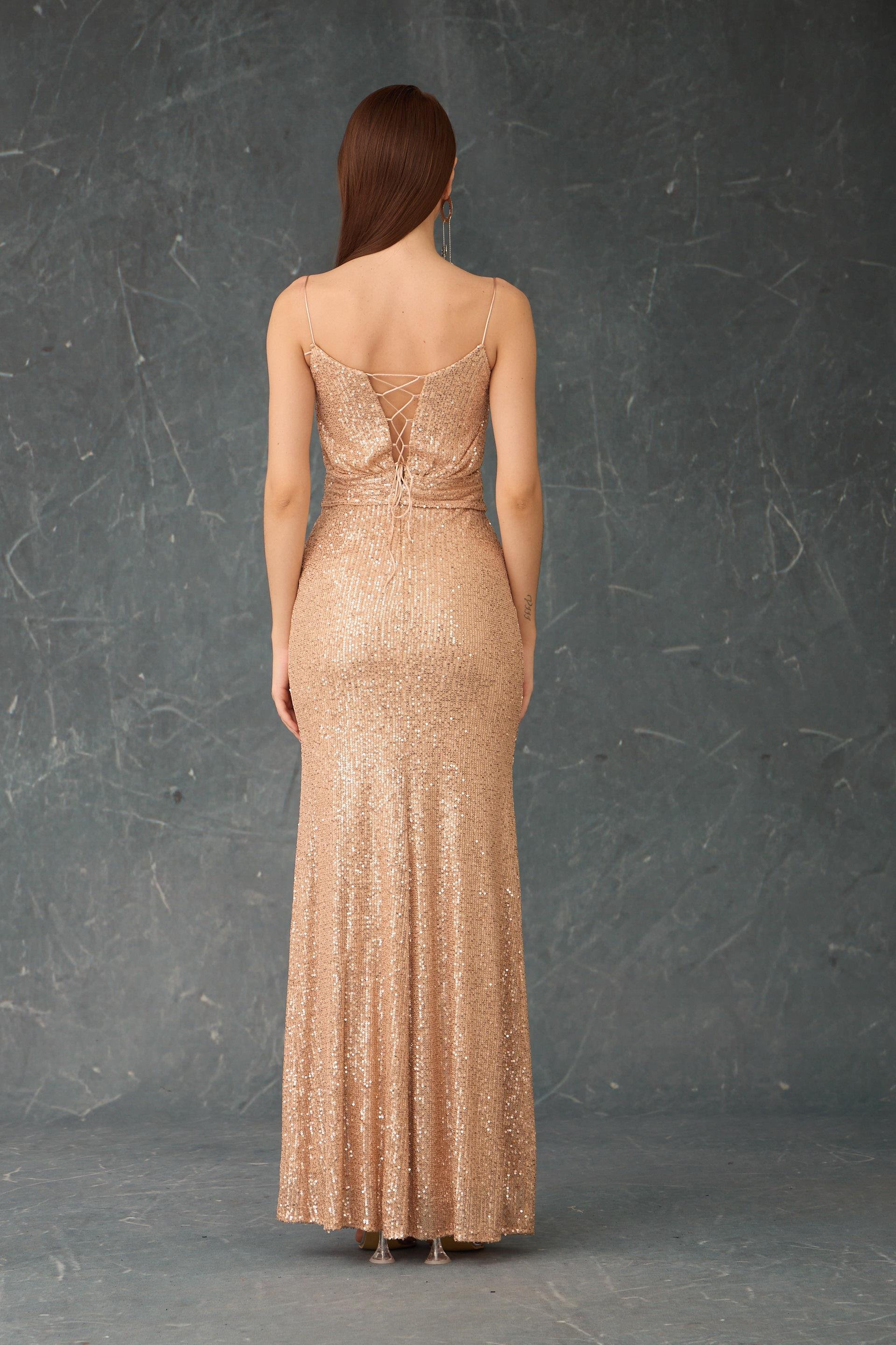 58498-9CARMENCarmen Gold Askılı Payetli Abiye Elbise