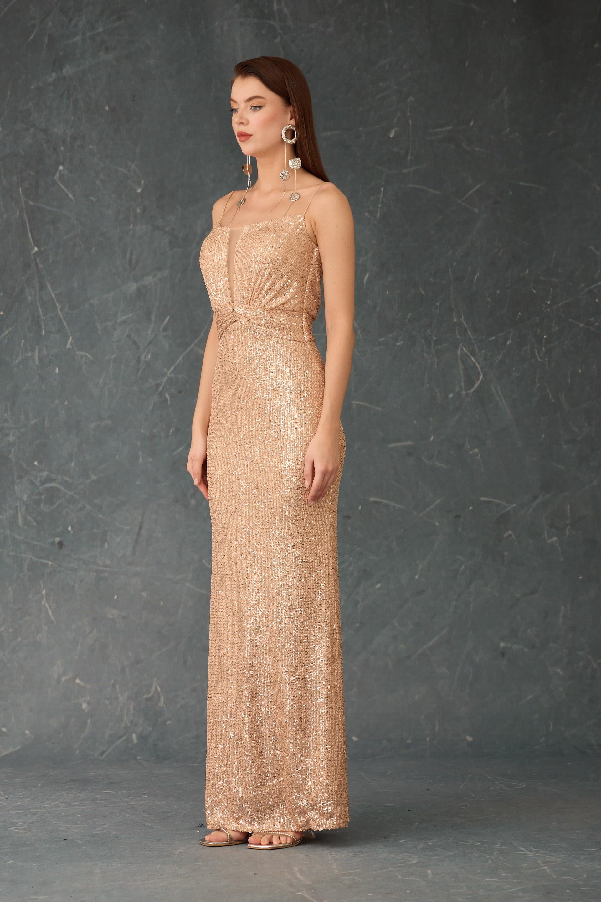 58498-9CARMENCarmen Gold Askılı Payetli Abiye Elbise