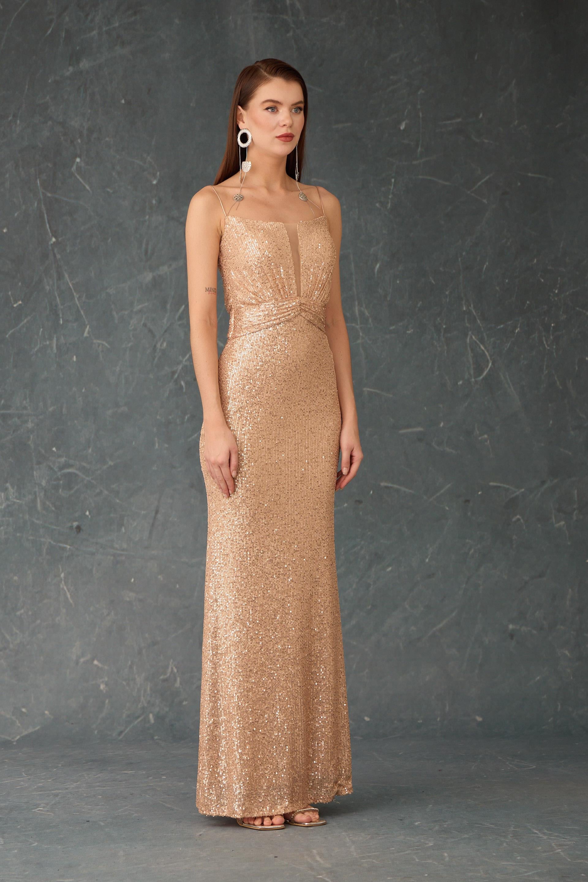 58498-9CARMENCarmen Gold Askılı Payetli Abiye Elbise
