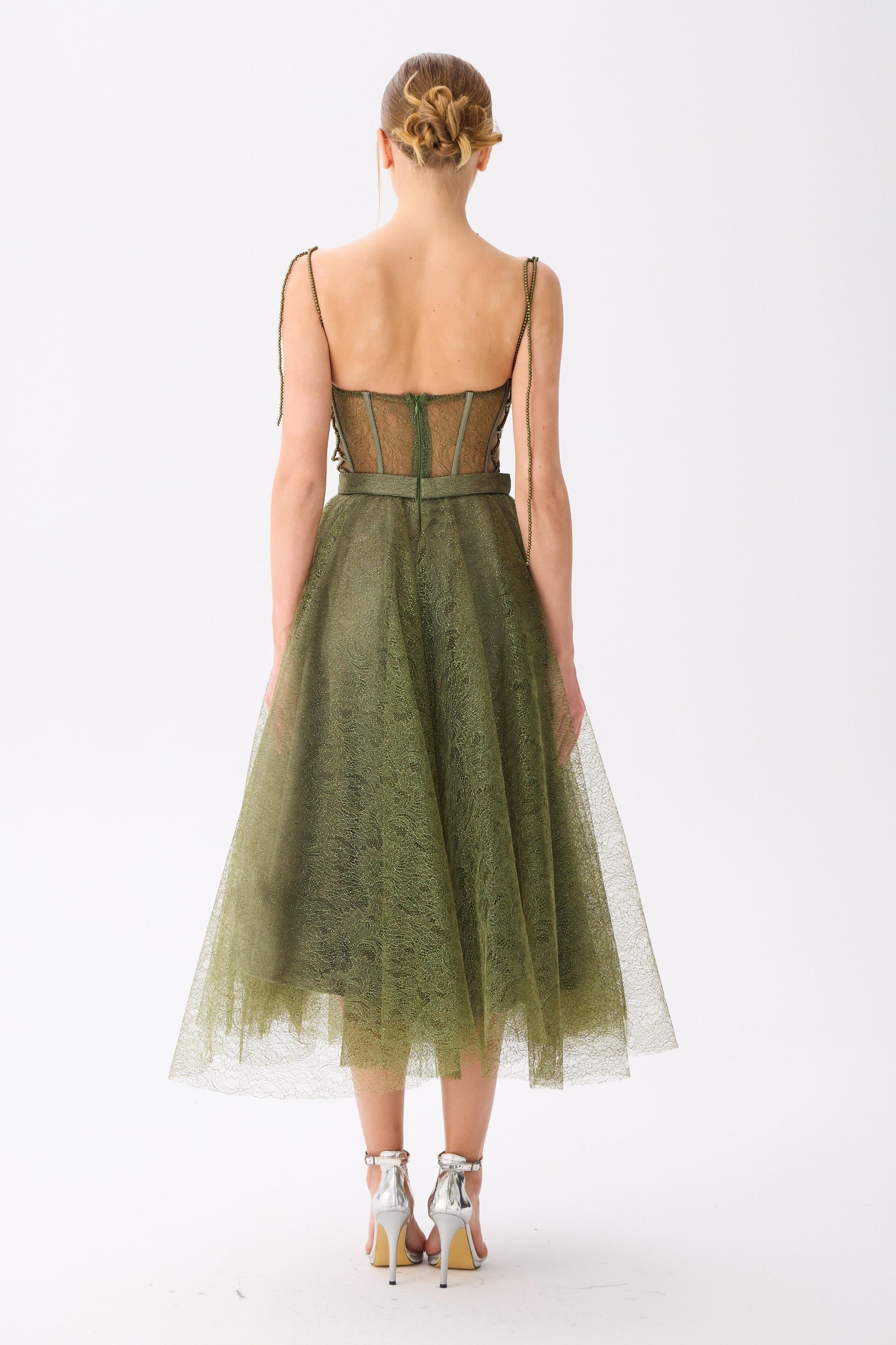 58523-12CARMENCarmen Haki Midi Dantelli Abiye Elbise