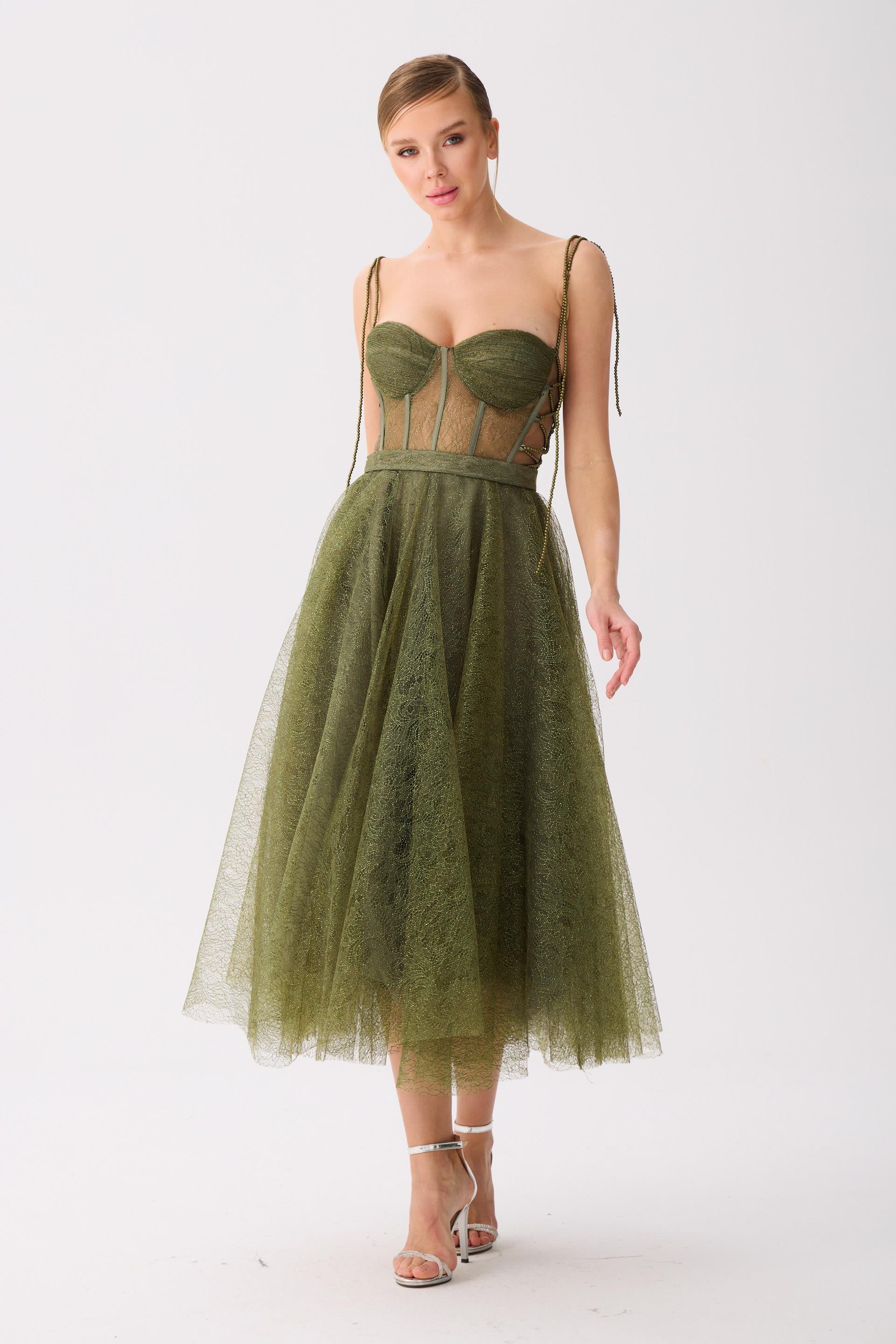 58523-12CARMENCarmen Haki Midi Dantelli Abiye Elbise
