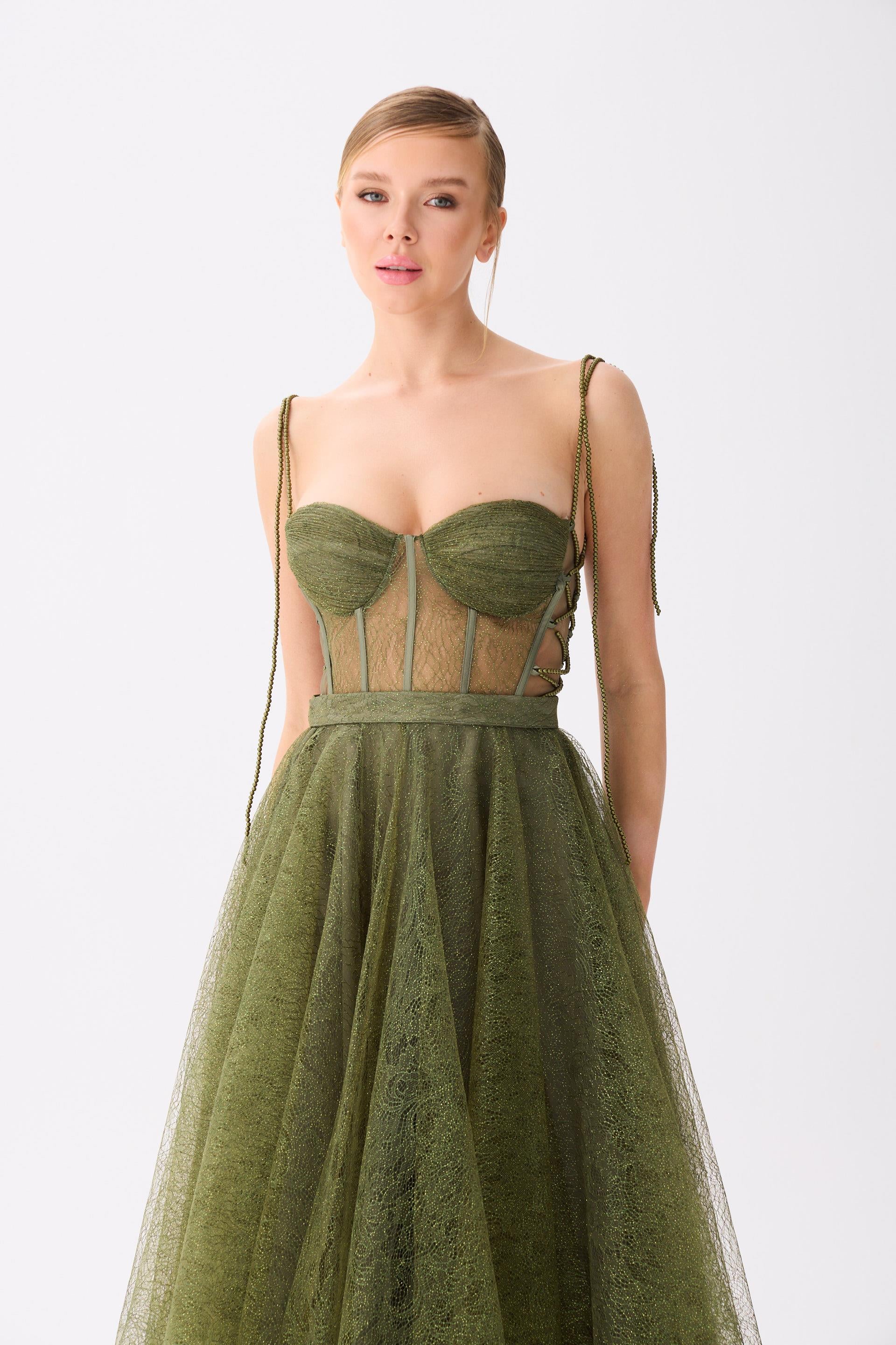 58523-12CARMENCarmen Haki Midi Dantelli Abiye Elbise