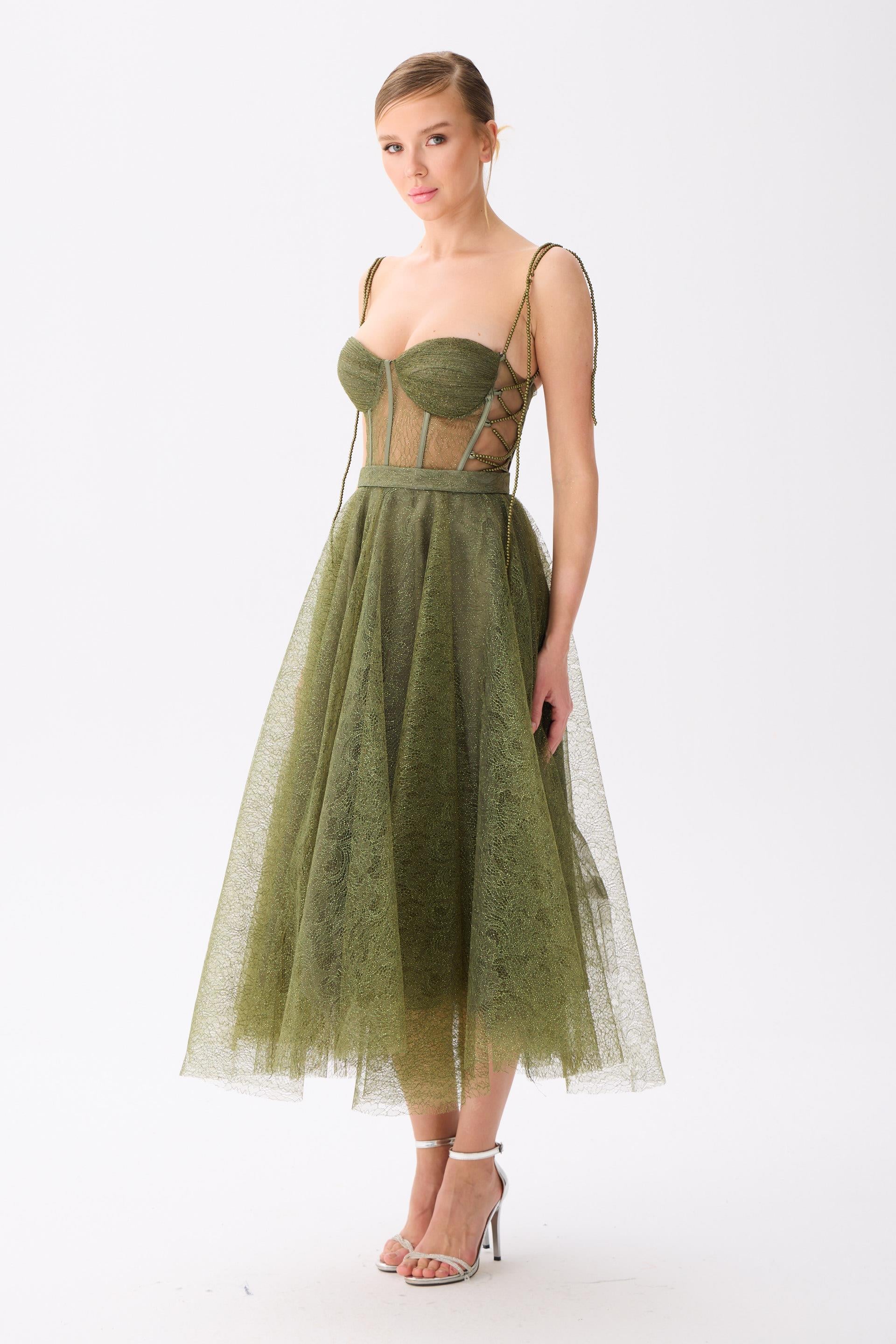 58523-12CARMENCarmen Haki Midi Dantelli Abiye Elbise
