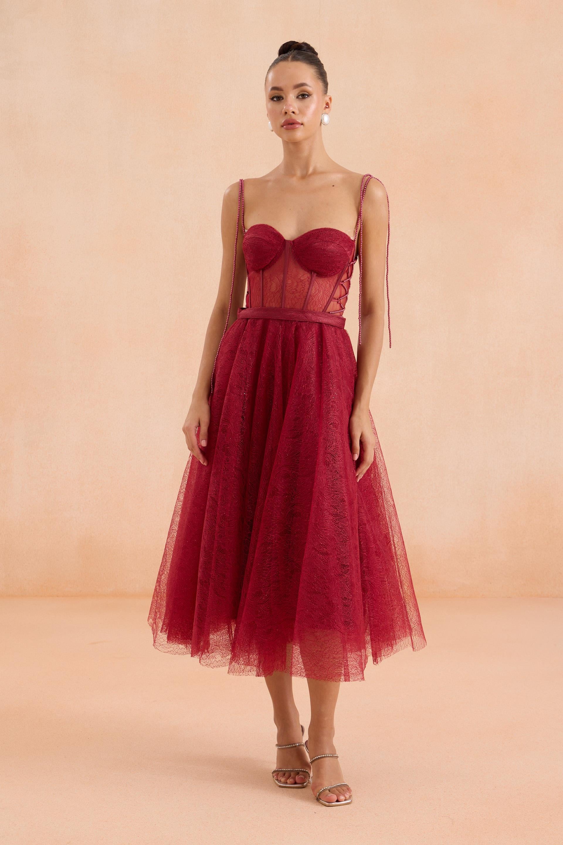 58523-3CARMENCarmen Bordo Midi Dantelli Abiye Elbise