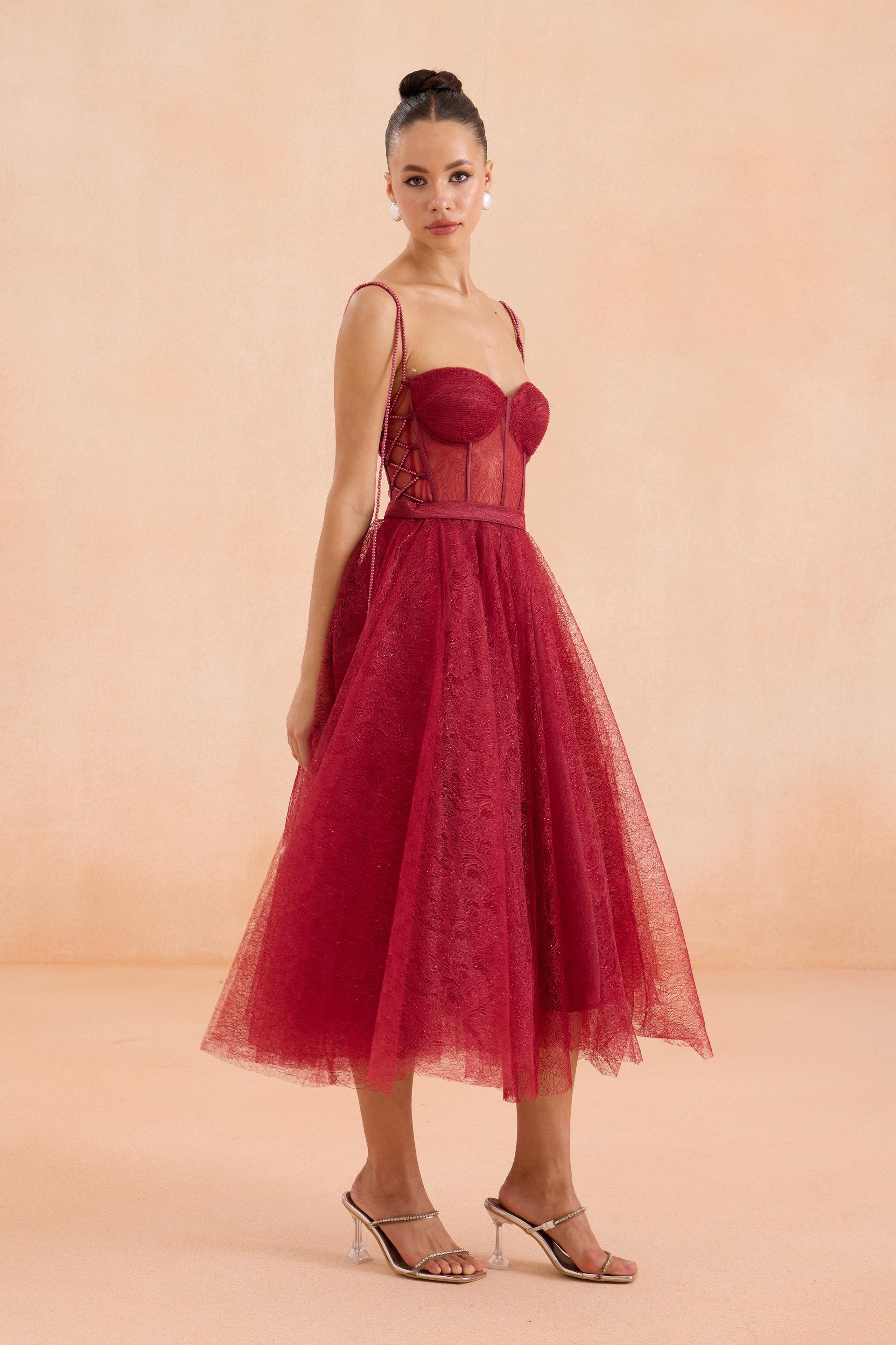 58523-3CARMENCarmen Bordo Midi Dantelli Abiye Elbise