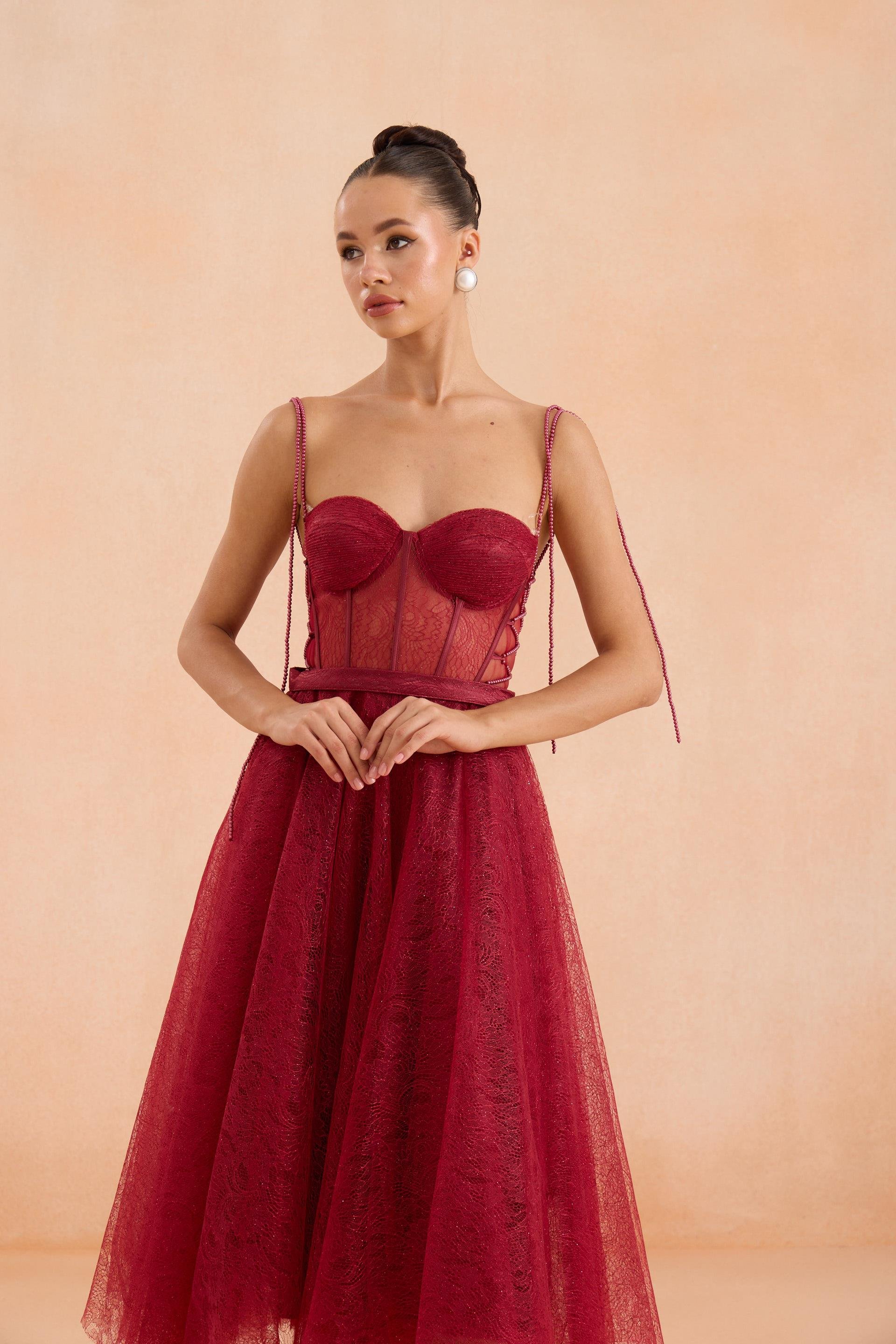 58523-3CARMENCarmen Bordo Midi Dantelli Abiye Elbise