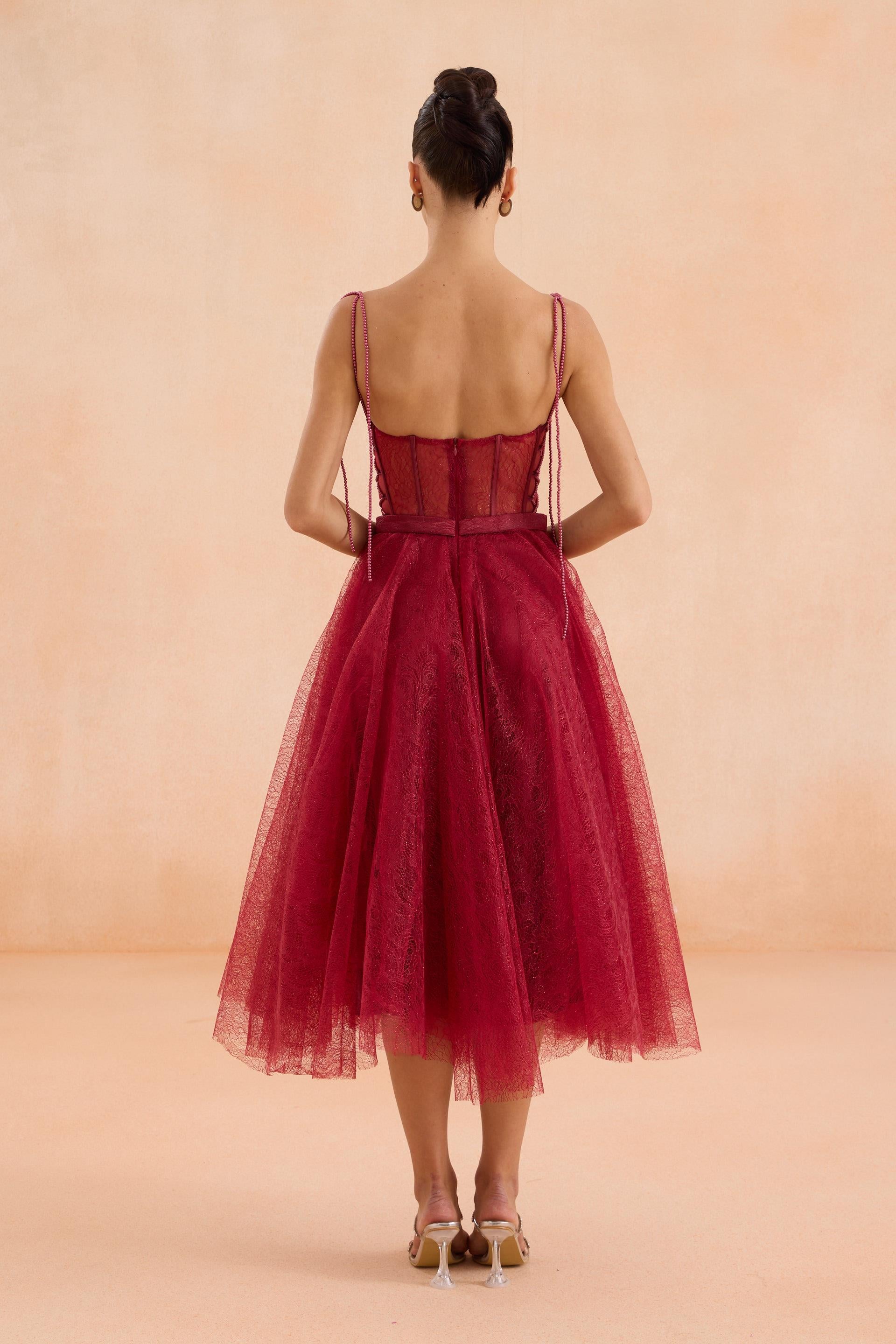 58523-3CARMENCarmen Bordo Midi Dantelli Abiye Elbise