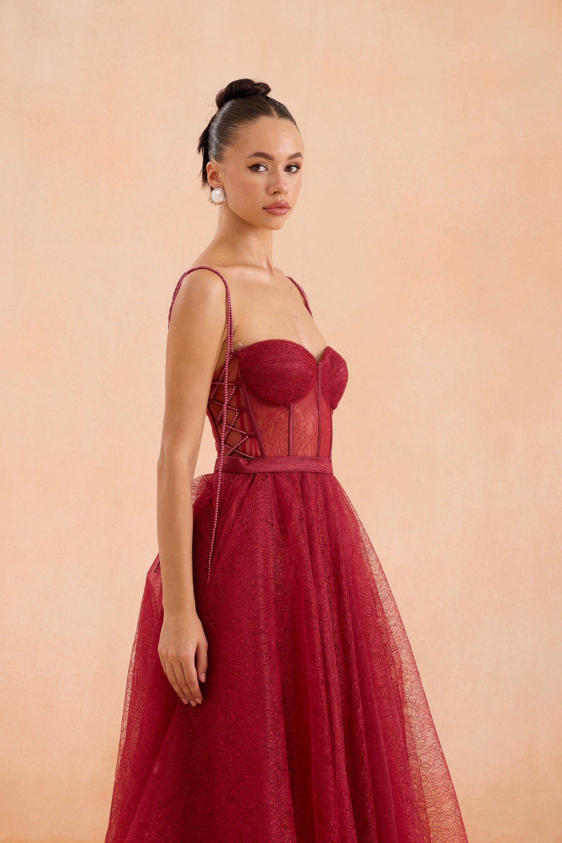 58523-3CARMENCarmen Bordo Midi Dantelli Abiye Elbise