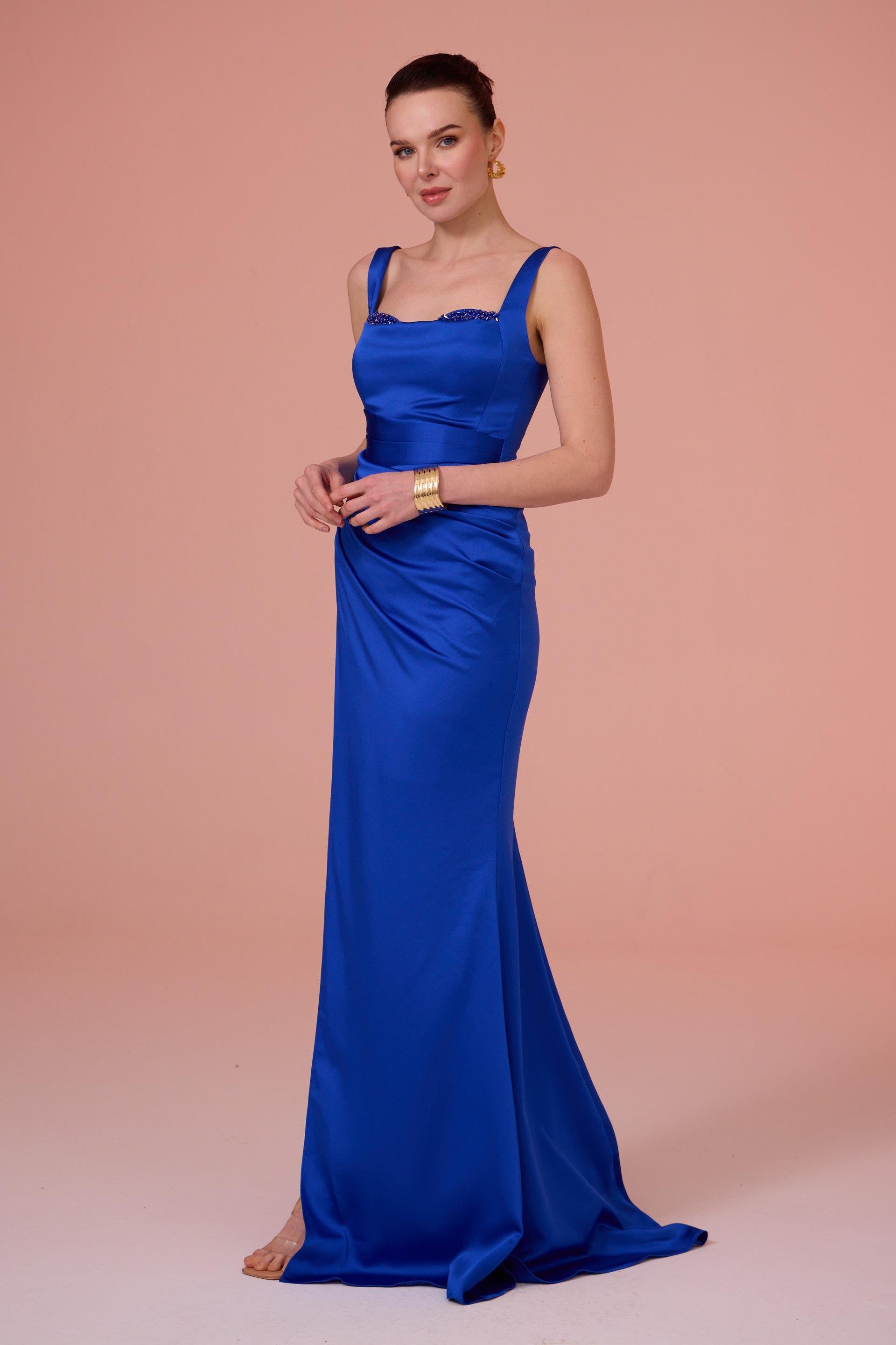 58525-25CARMENCarmen Saks İşlemeli Saten Abiye Elbise