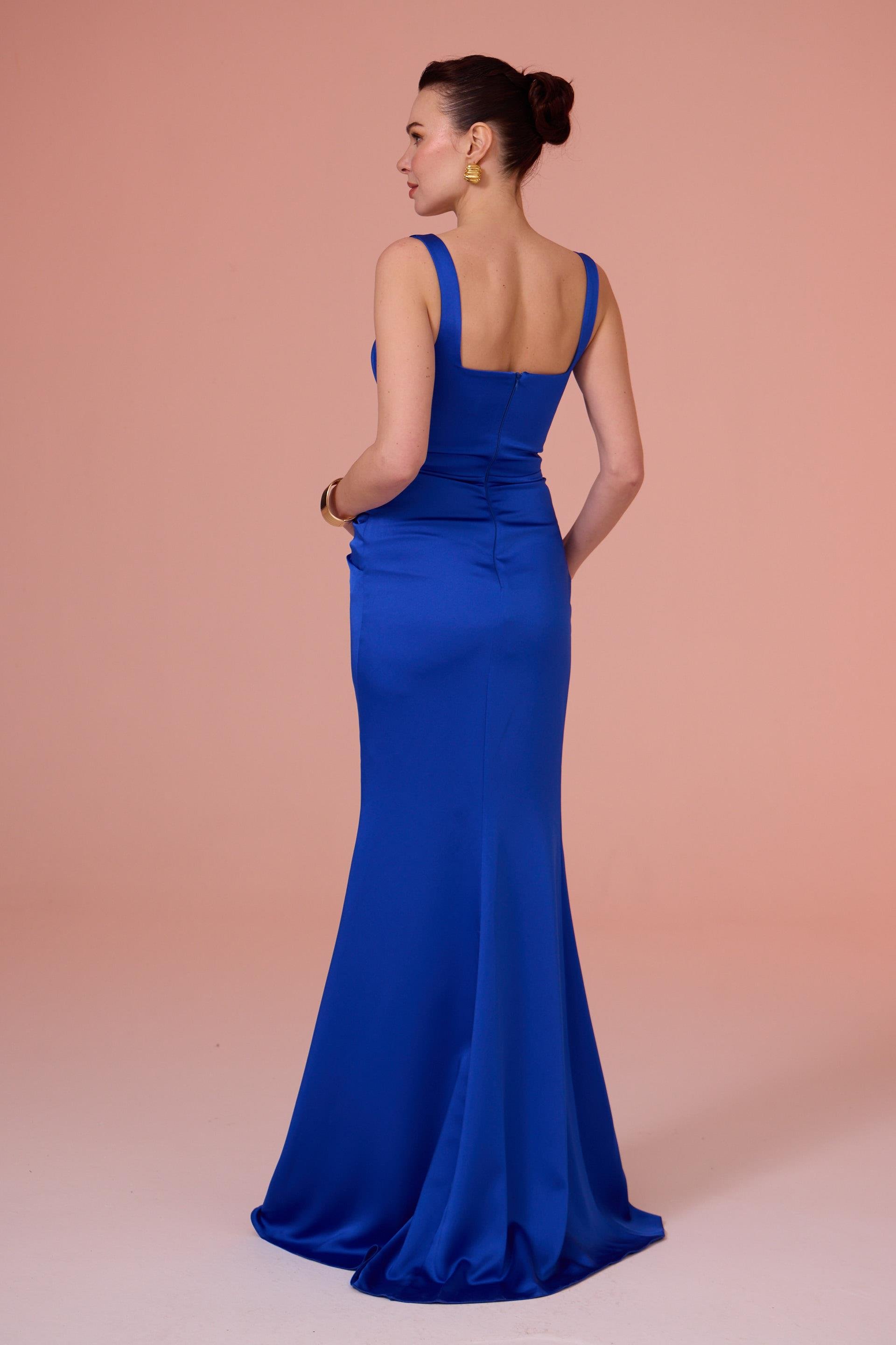 58525-25CARMENCarmen Saks İşlemeli Saten Abiye Elbise