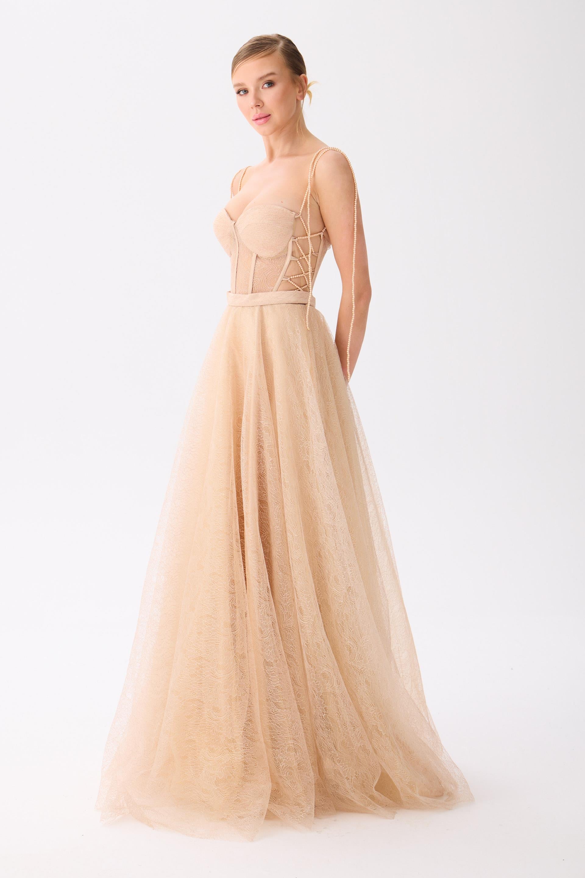 58526-9CARMENCarmen Gold Uzun Dantelli Abiye Elbise