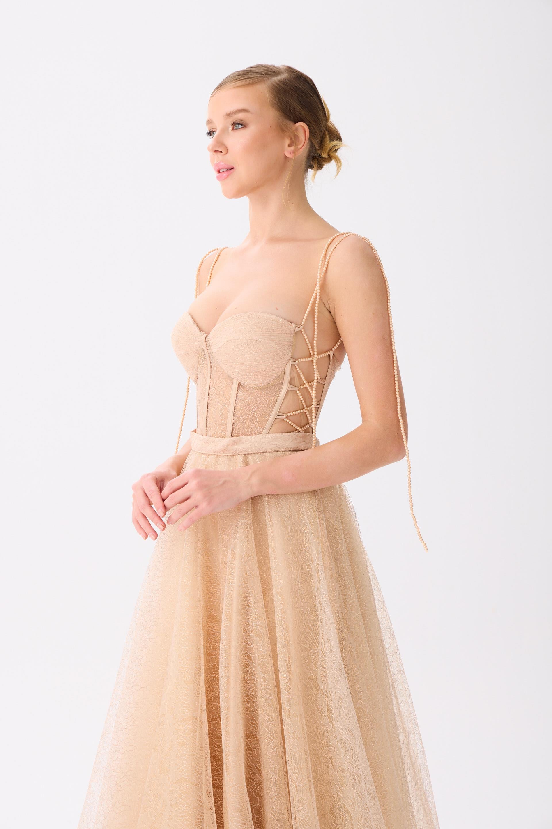 58526-9CARMENCarmen Gold Uzun Dantelli Abiye Elbise
