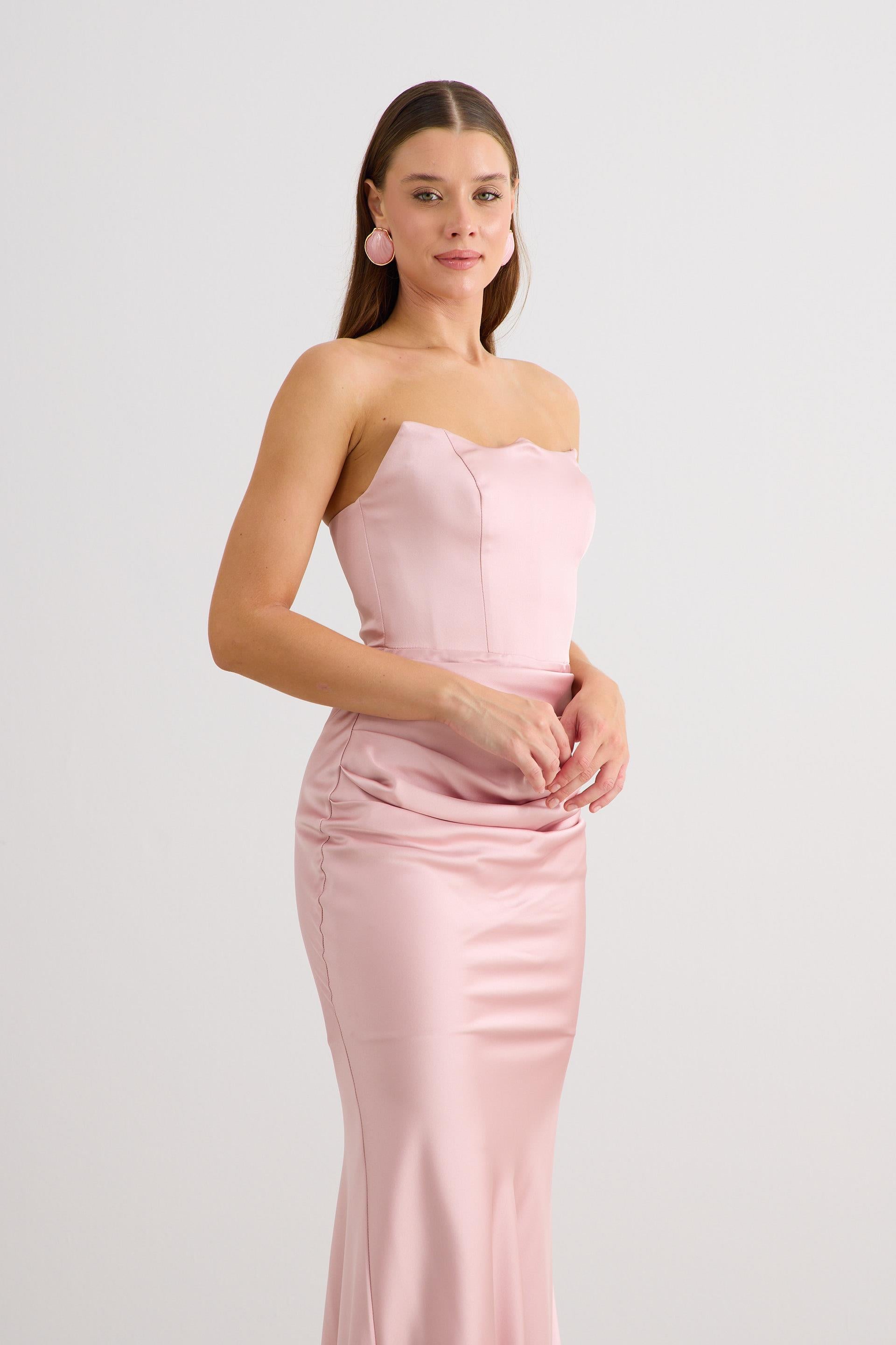 58565-23CARMENCarmen Pudra Straplez Uzun Saten Abiye Elbise