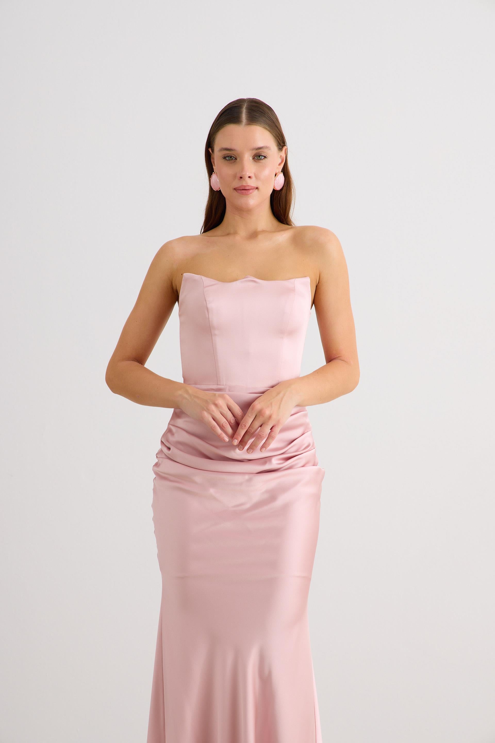 58565-23CARMENCarmen Pudra Straplez Uzun Saten Abiye Elbise