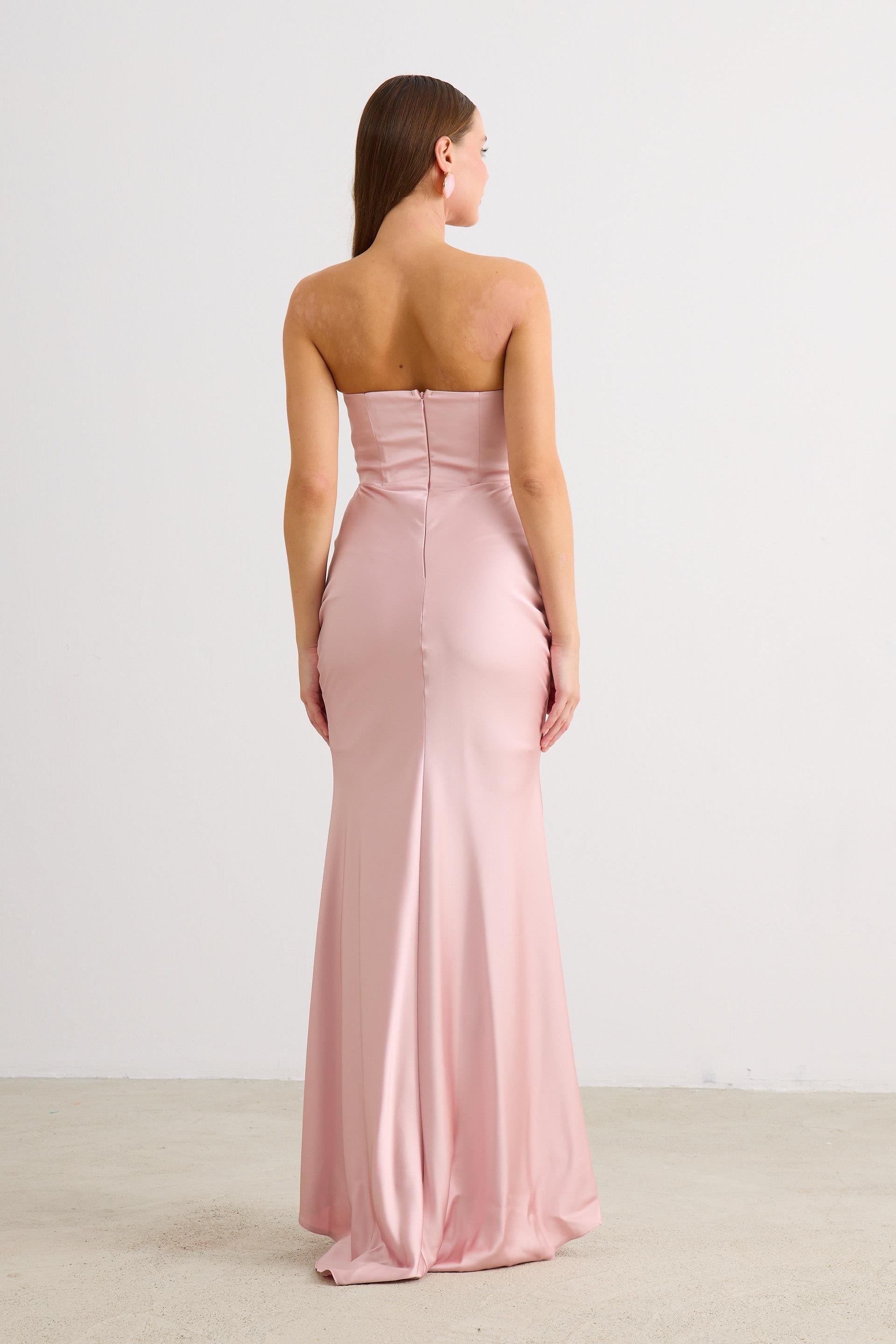 58565-23CARMENCarmen Pudra Straplez Uzun Saten Abiye Elbise