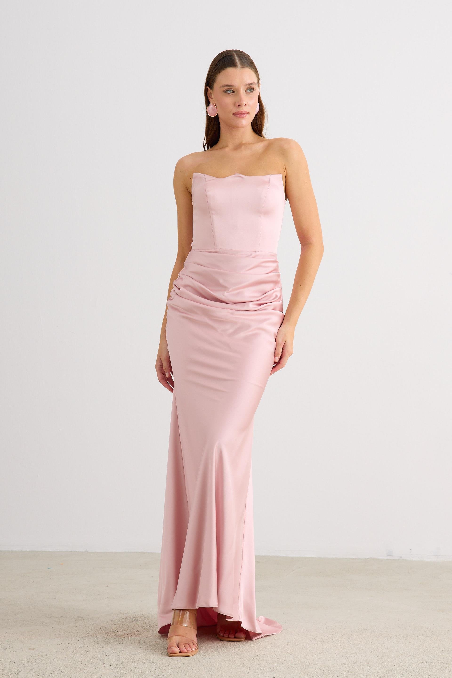 58565-23CARMENCarmen Pudra Straplez Uzun Saten Abiye Elbise