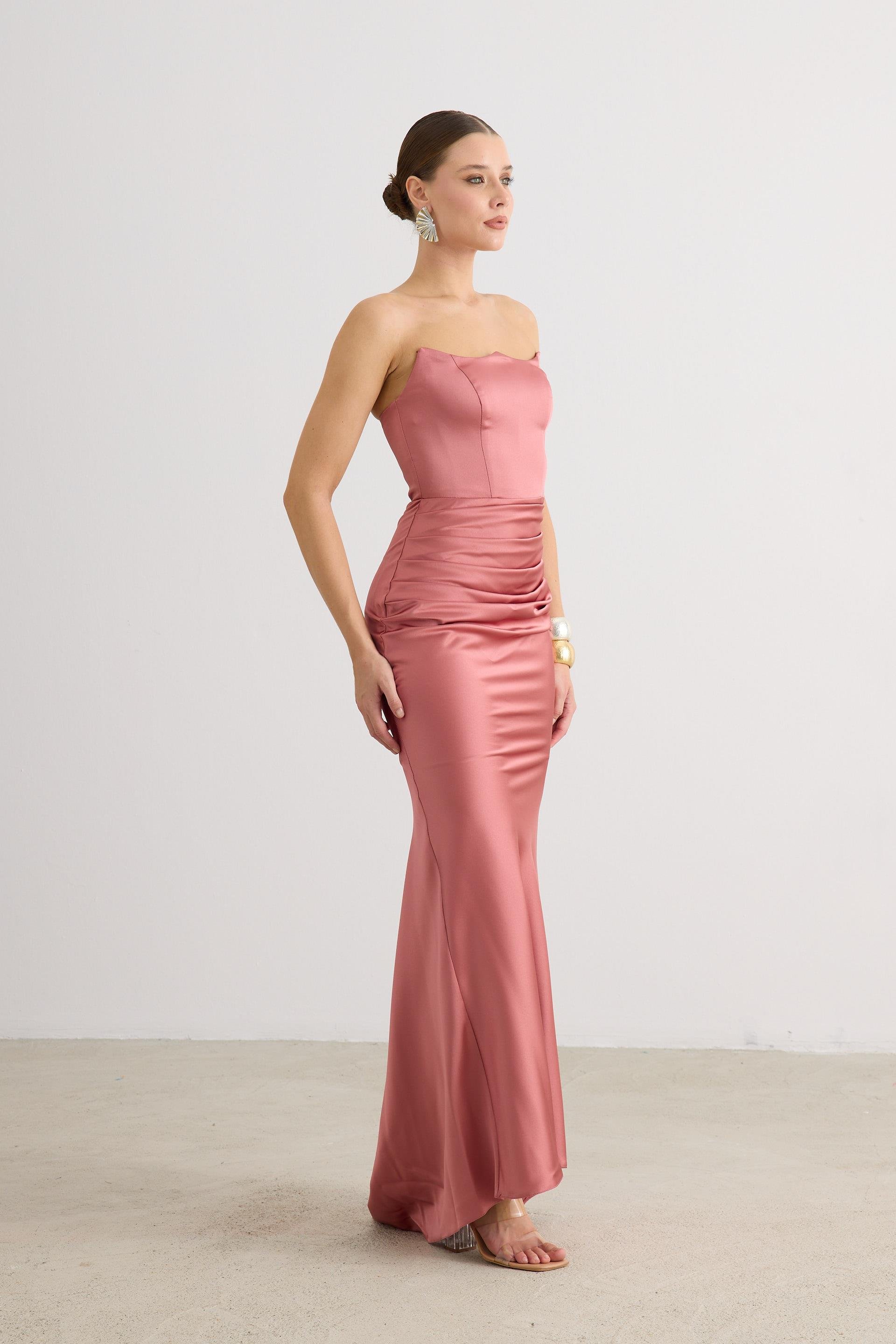 58565-84CARMENCarmen Taba Straplez Uzun Saten Abiye Elbise