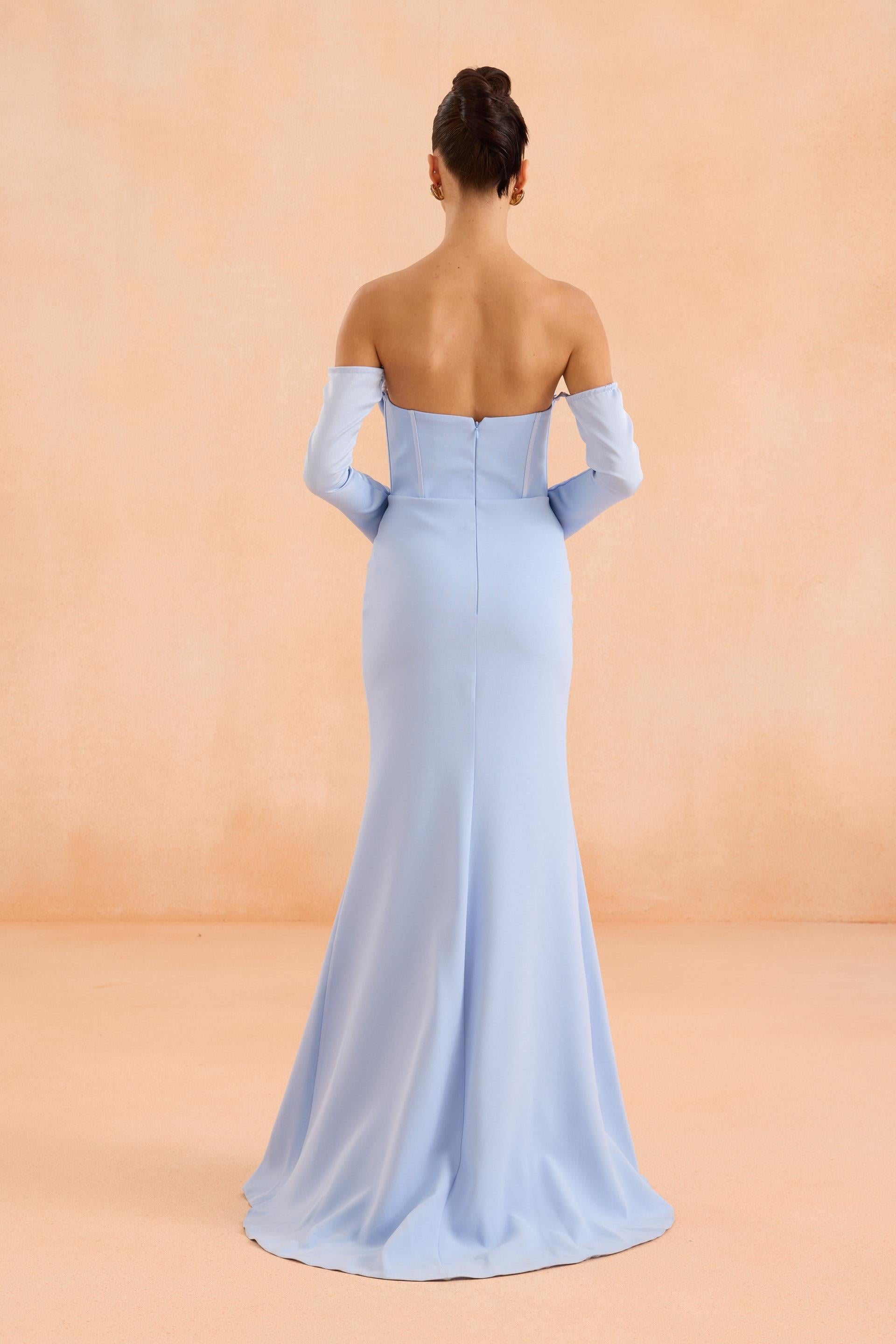 58571-1CARMENCarmen Bebe Mavi Eldivenli Yırtmaçlı Krep Abiye Elbise