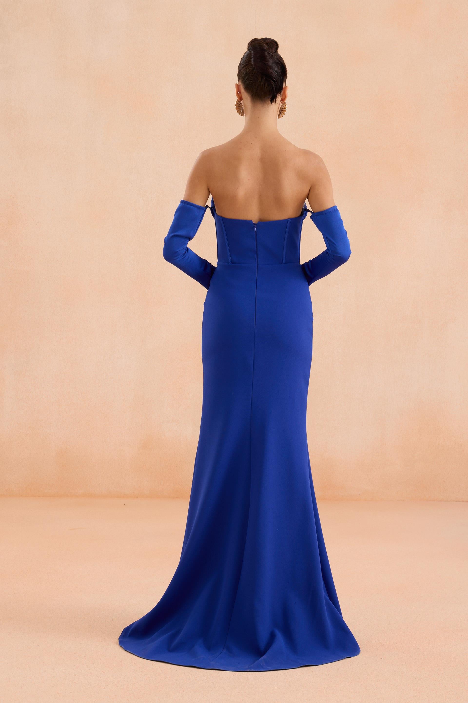 58571-25CARMENCarmen Saks Eldivenli Yırtmaçlı Krep Abiye Elbise